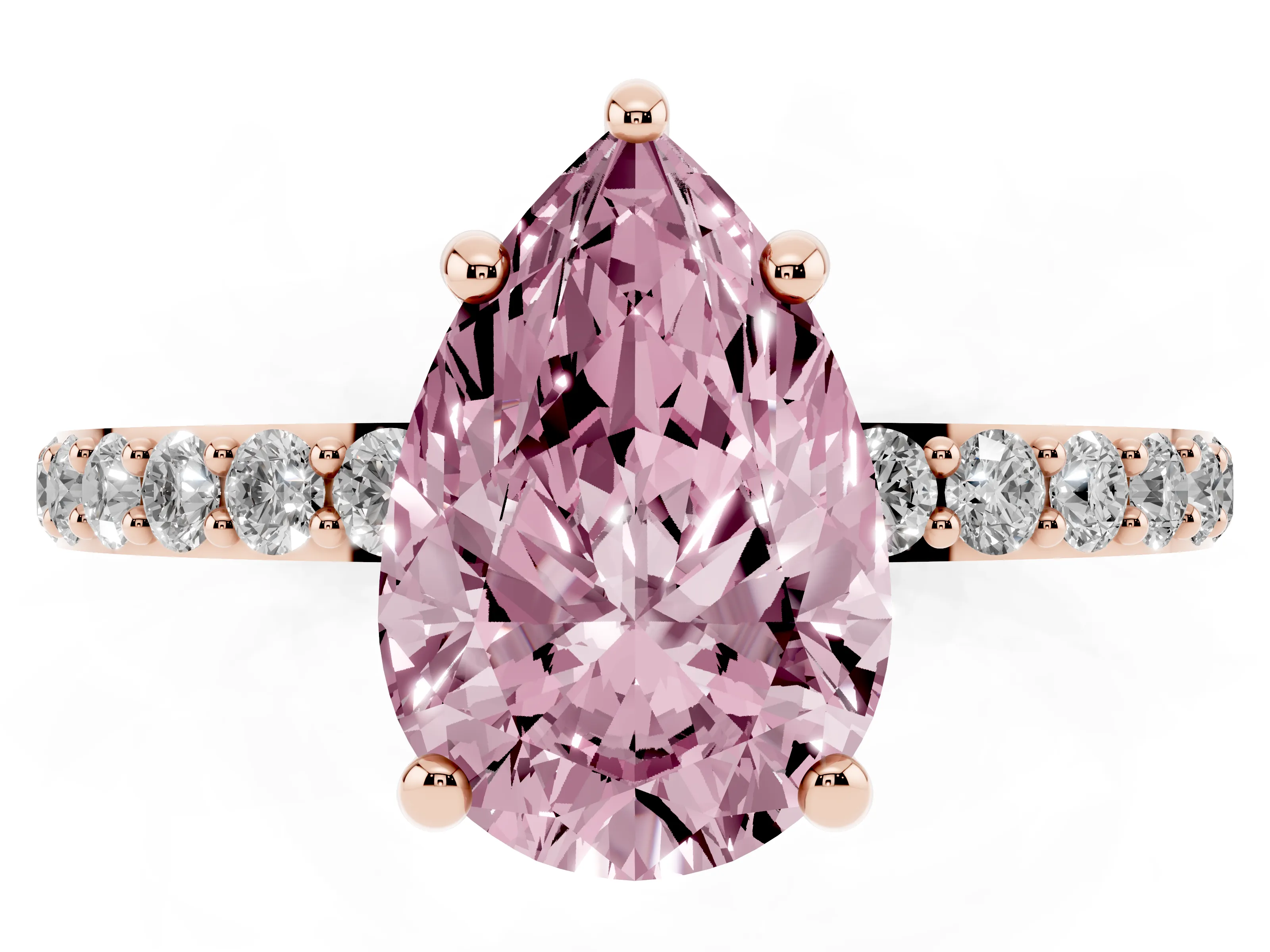 Fancy Pink Pear Cut Diamond Solitaire Ring Set in Rose gold with Round Pavé Band and Prong Setting