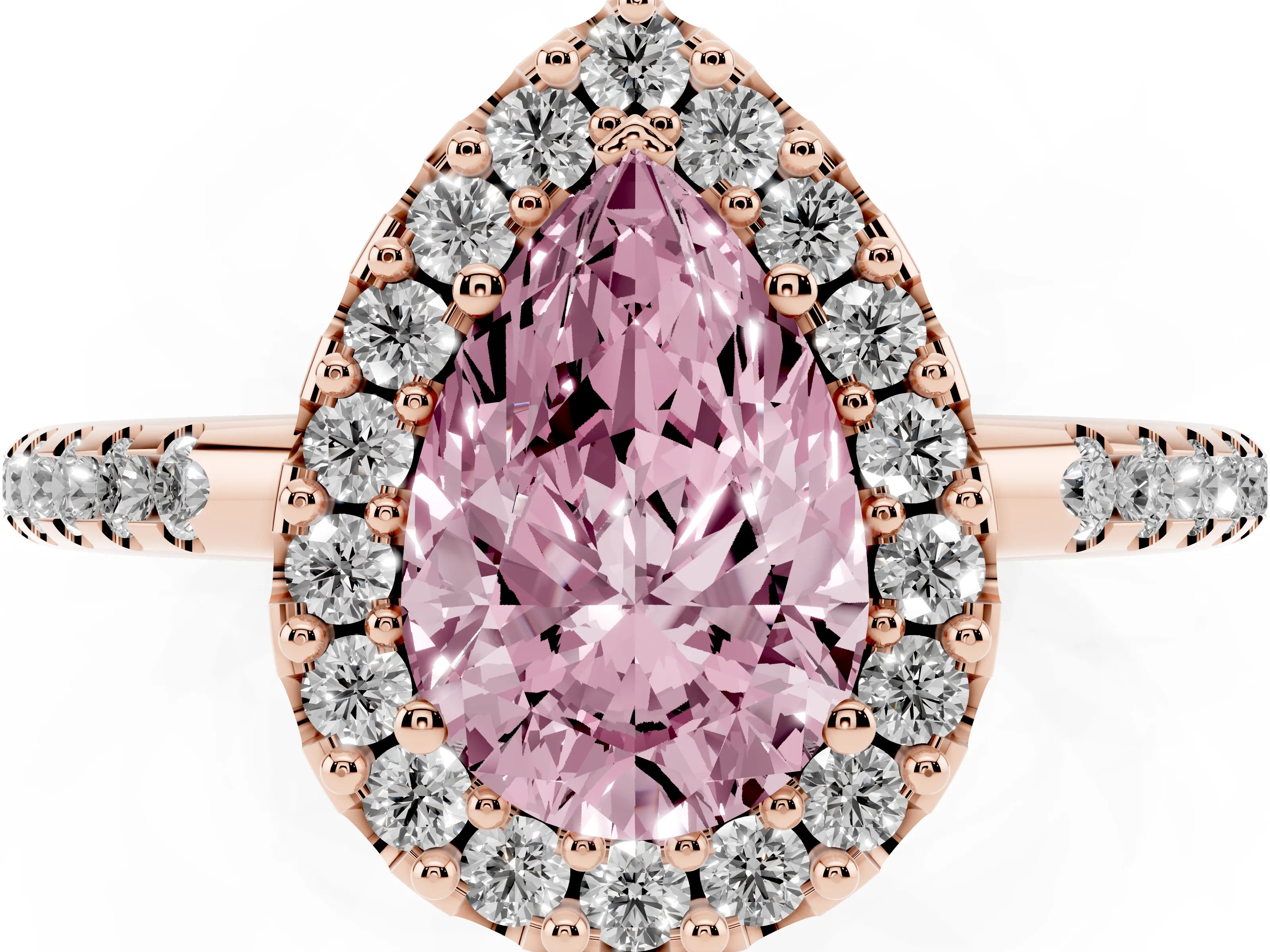 Fancy Pink Pear Cut Diamond Pavé Halo Ring Set in Rose gold with Prong Setting