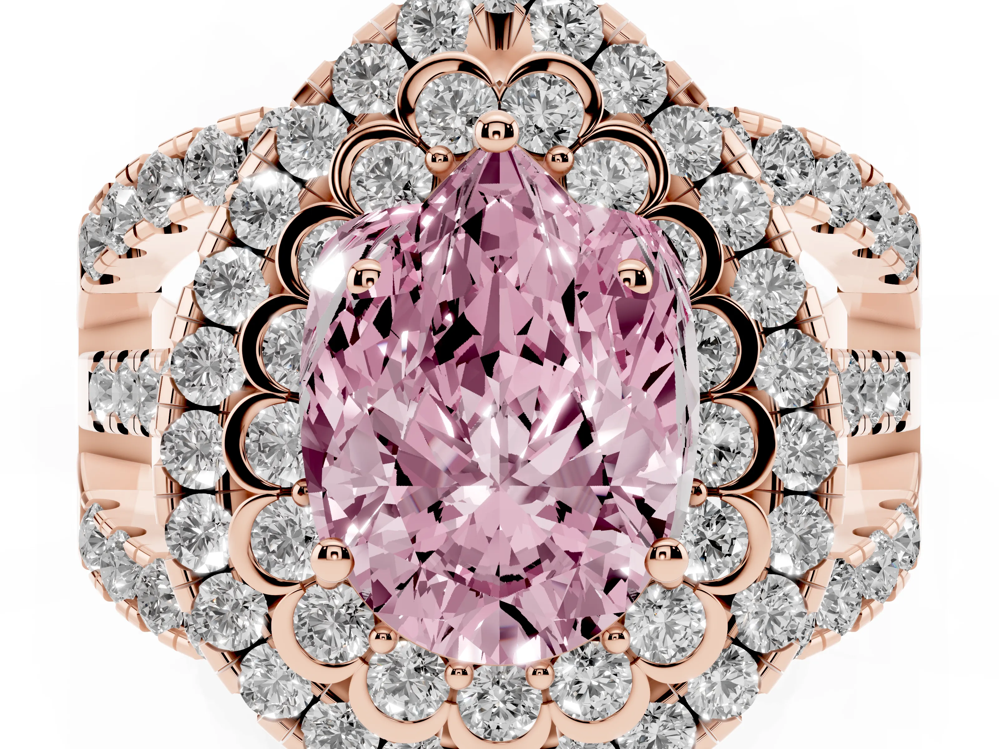 Fancy Pink Pear Cut Diamond Double Halo Ring Set in Rose gold with Round Pavé Split Shank