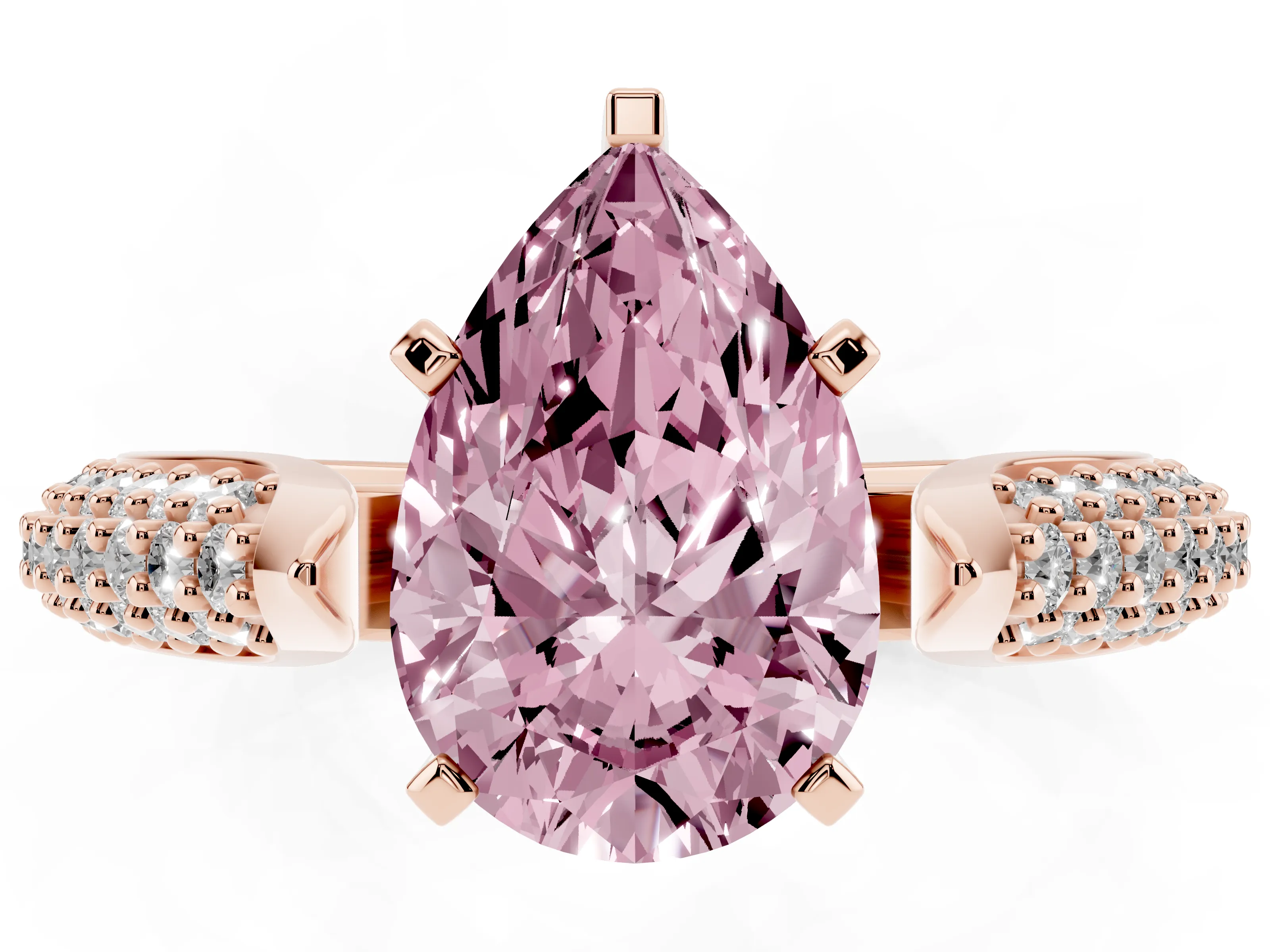 Fancy Pink Pear Cut Diamond Solitaire Engagement Ring Set in Rose gold with Multi-Row Round Pavé Band and Prong Setting