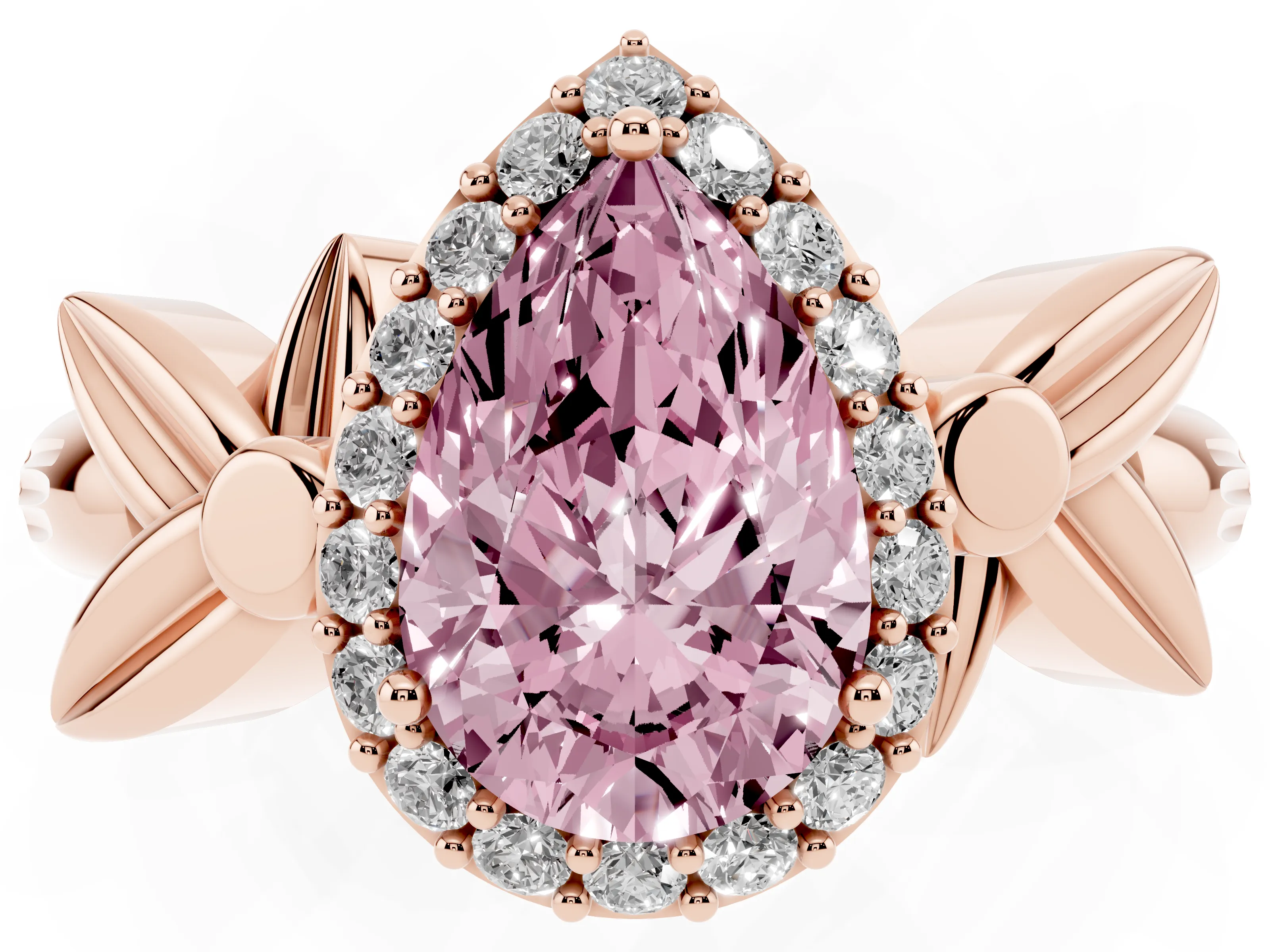 Fancy Pink Pear Cut Diamond Halo Floral Band Ring Set in Rose gold with Prong Setting
