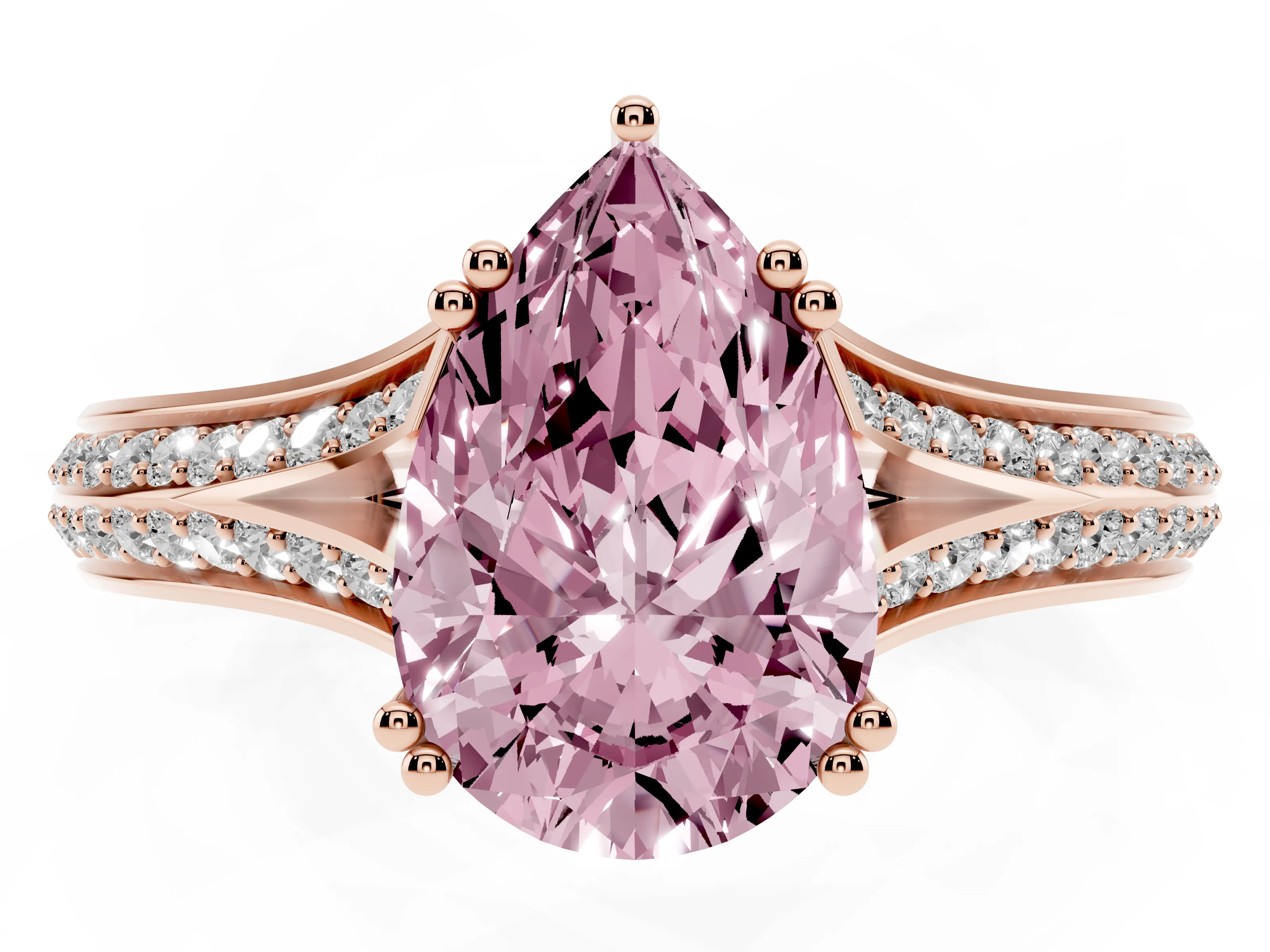 Fancy Pink Pear Cut Diamond Split Shank Pavé Engagement Ring Set in Rose gold with Prong-Set Center Stone