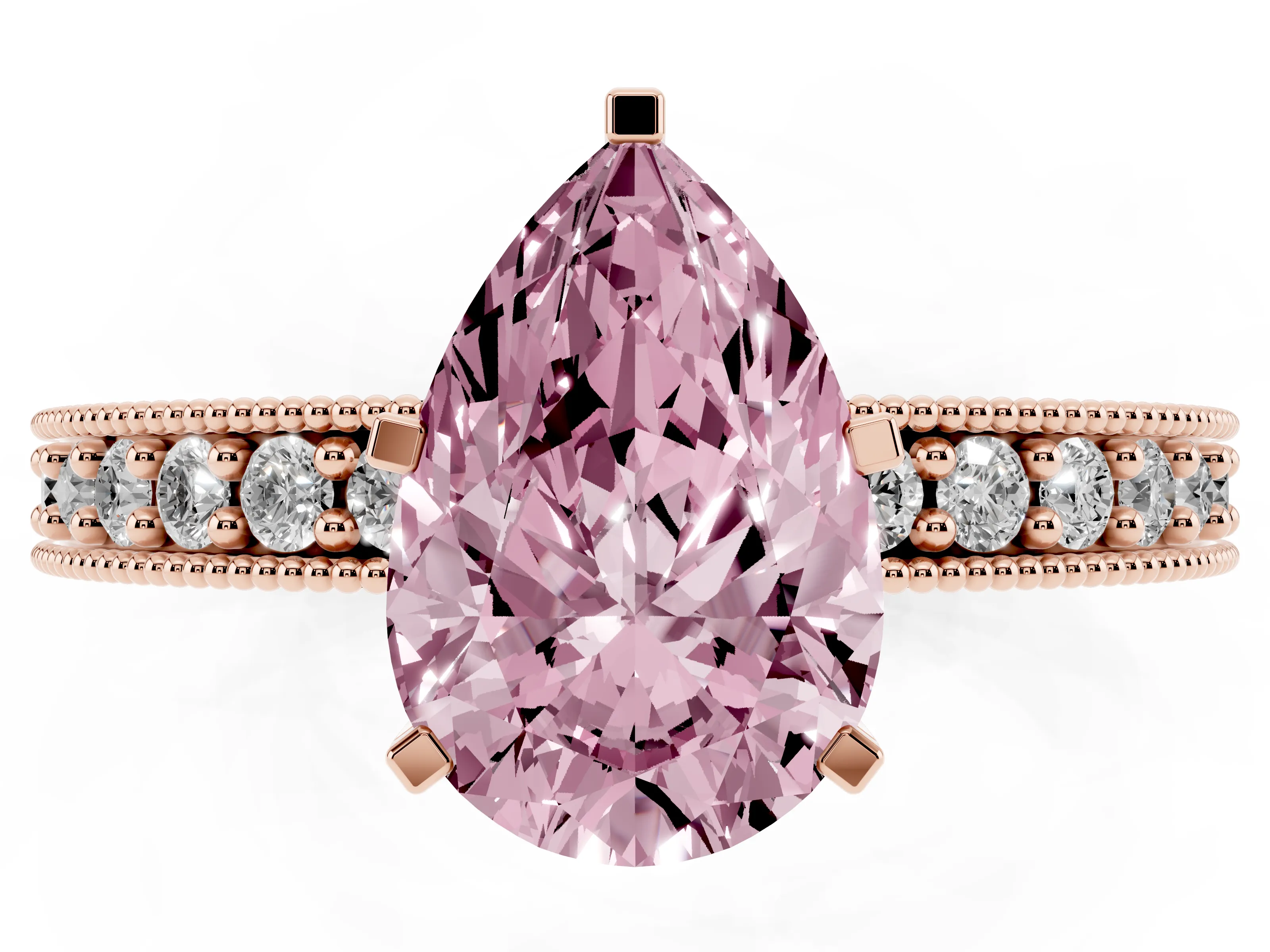 Fancy Pink Pear Cut Diamond Milgrain Pavé Engagement Ring Set in Rose gold with Prong Setting