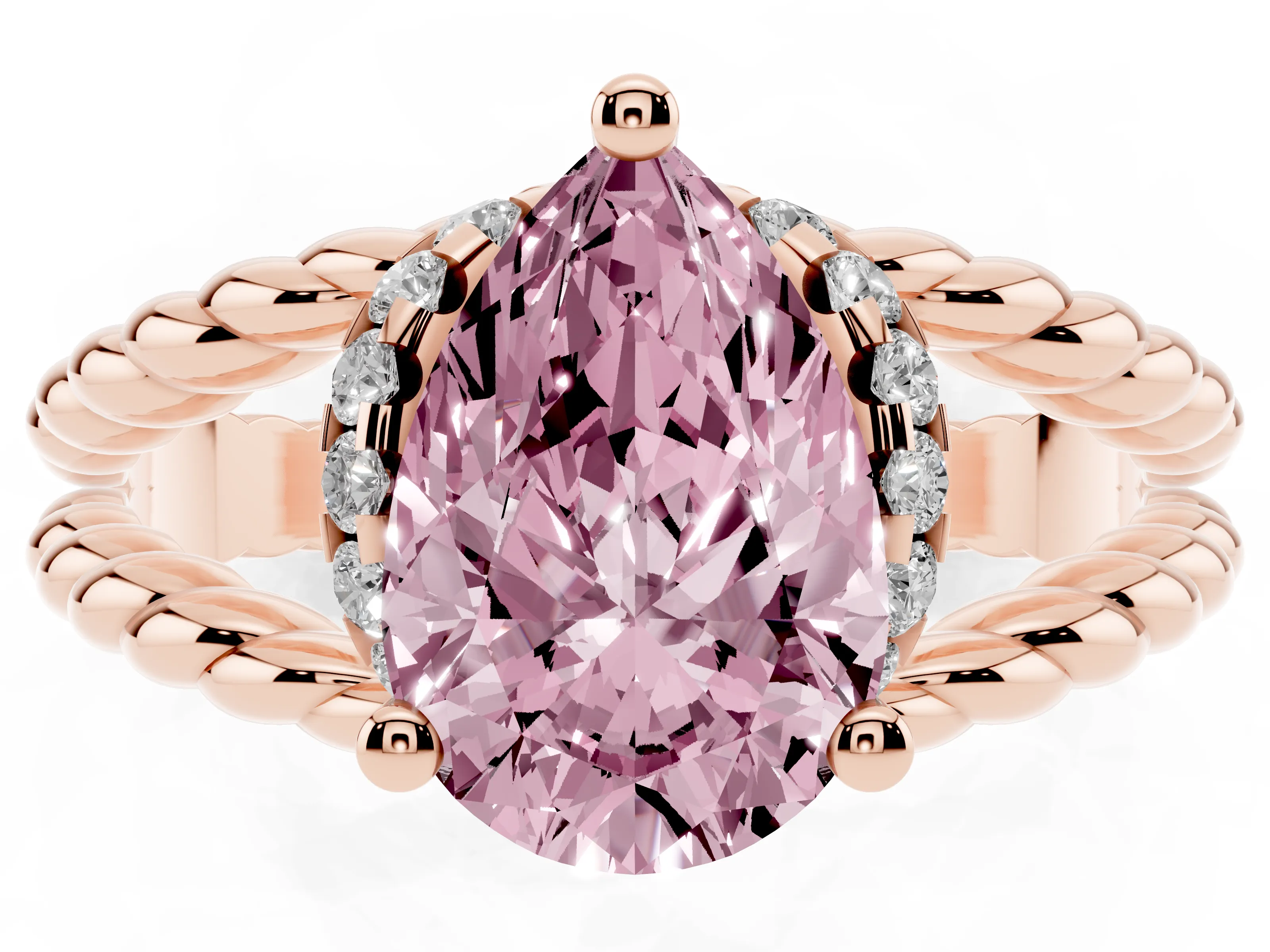Fancy Pink Pear Cut Diamond Halo Ring Set in Rose gold with Twisted Band and Prong Setting