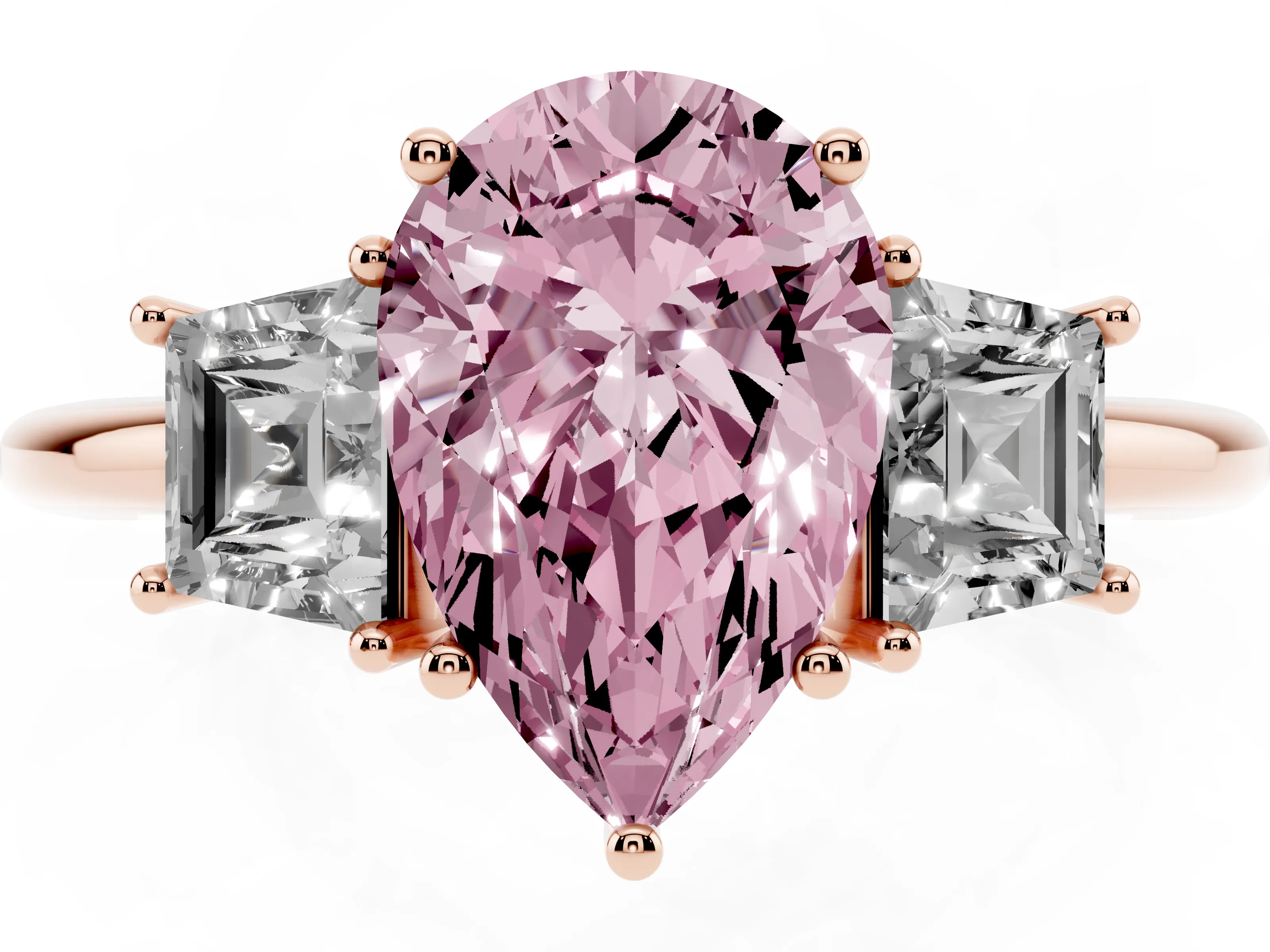 Fancy Pink Pear Cut Diamond Three-Stone Ring Set in Rose gold with Trapezoid Side Stones and Prong Setting