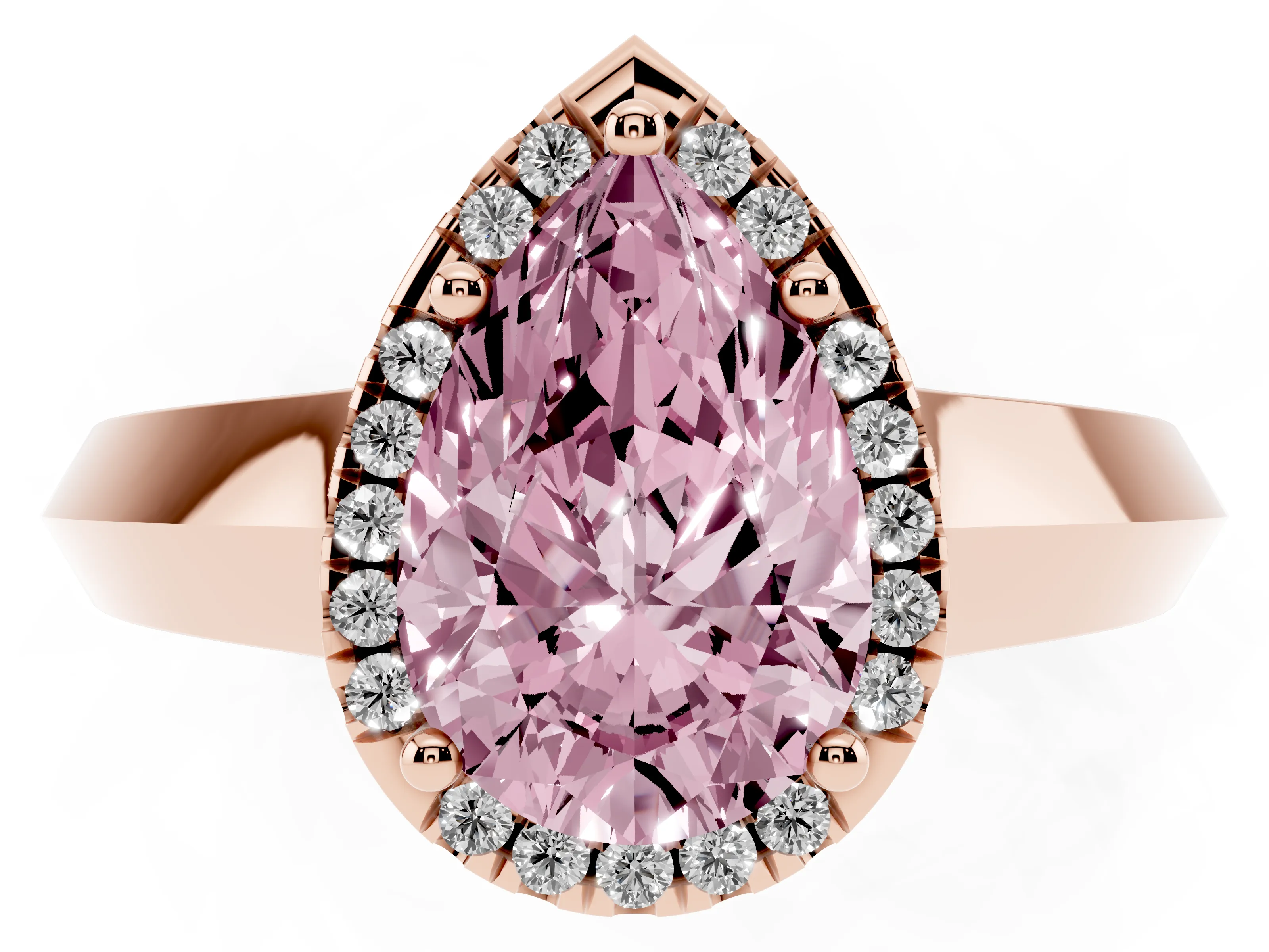 Fancy Pink Pear Cut Diamond Halo Ring Set in Rose gold with Cathedral Band and Prong Setting