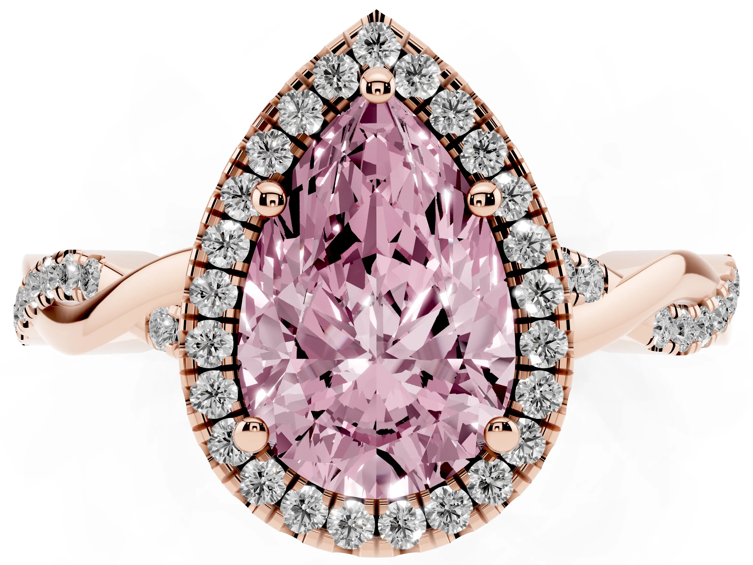 Fancy Pink Pear Cut Diamond Halo Twisted Band Ring Set in Rose gold with Prong Setting