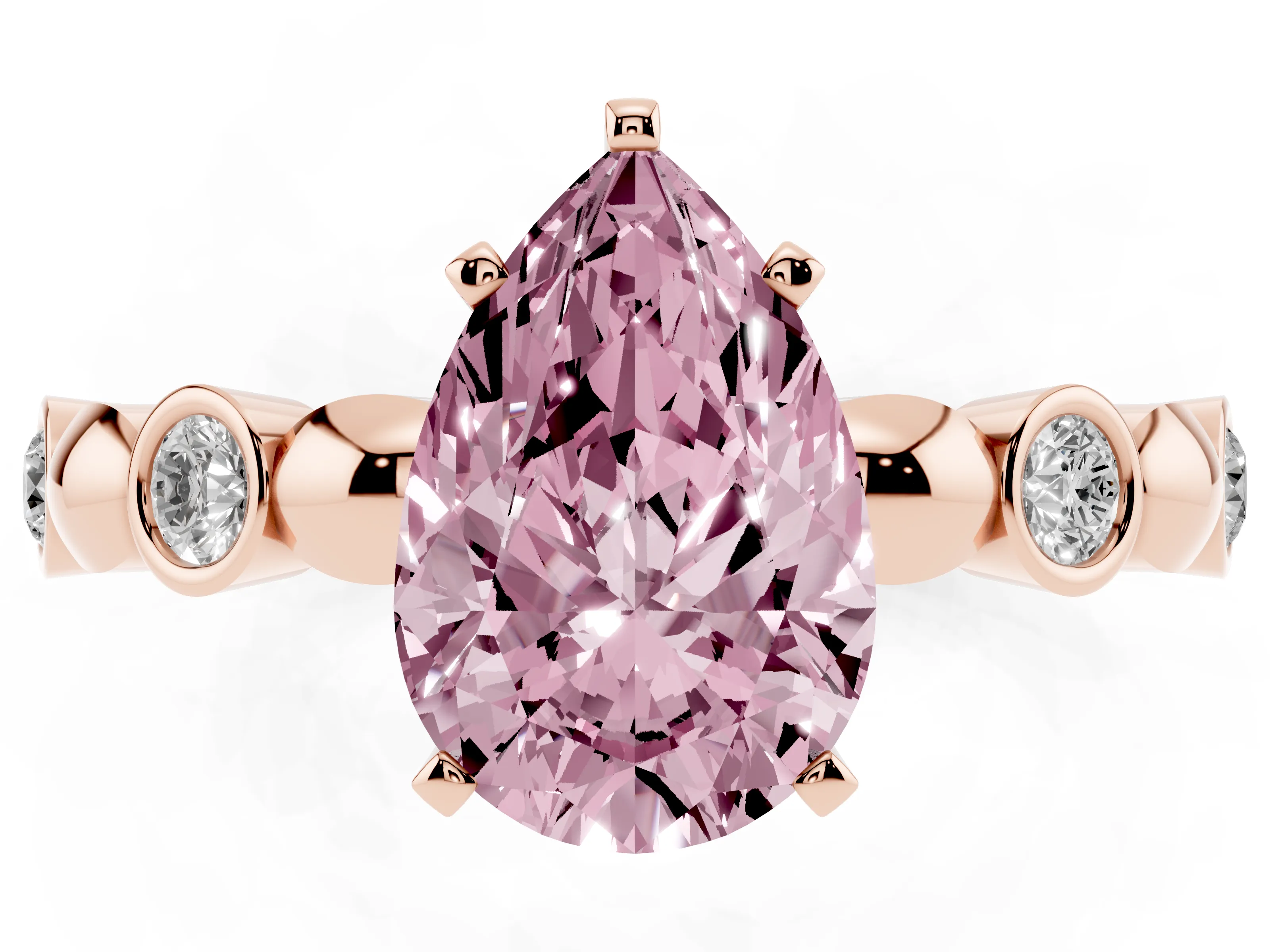Fancy Pink Pear Cut Diamond Solitaire Ring Set in Rose gold with Bezel-Set Accents on Beaded Band and Prong Setting
