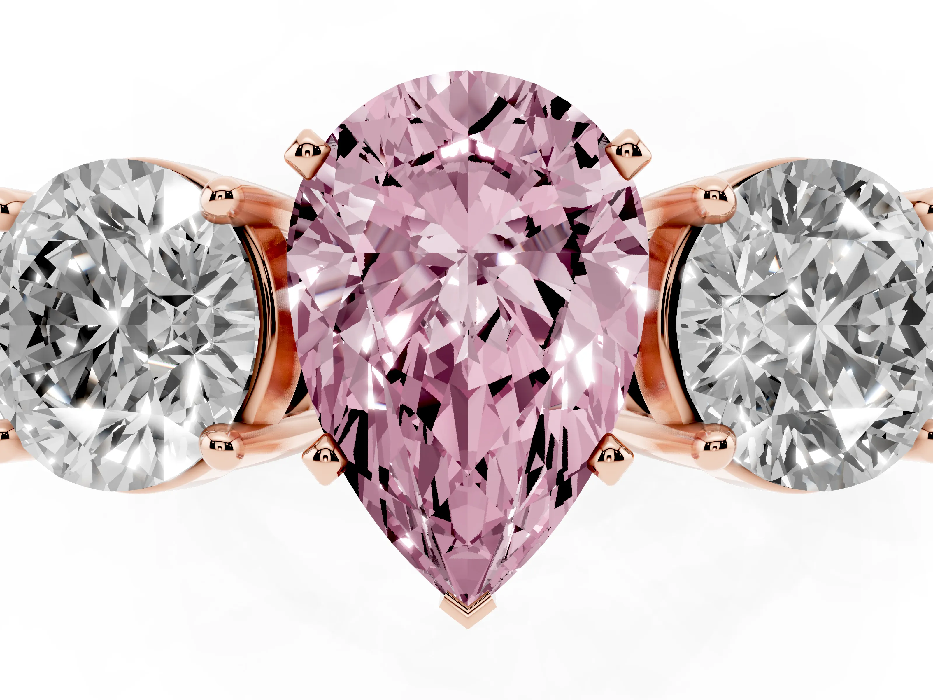Fancy Pink Pear Cut Diamond Three-Stone Ring Set in Rose gold with Round Side Stones and Classic Band