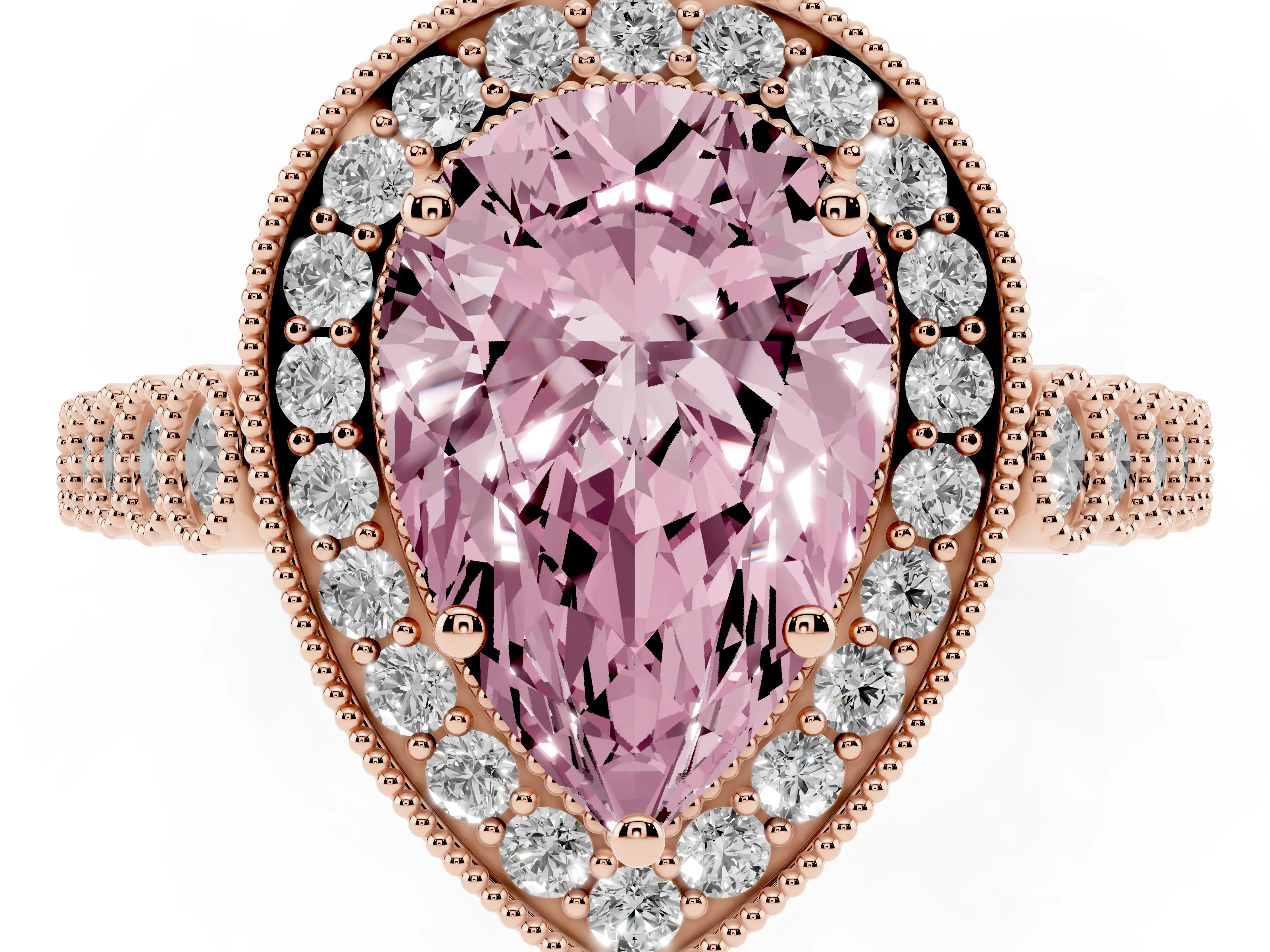 Fancy Pink Pear Cut Diamond Milgrain Halo Solitaire Ring Set in Rose gold with Bezel Set Side Stones and Pavé Band