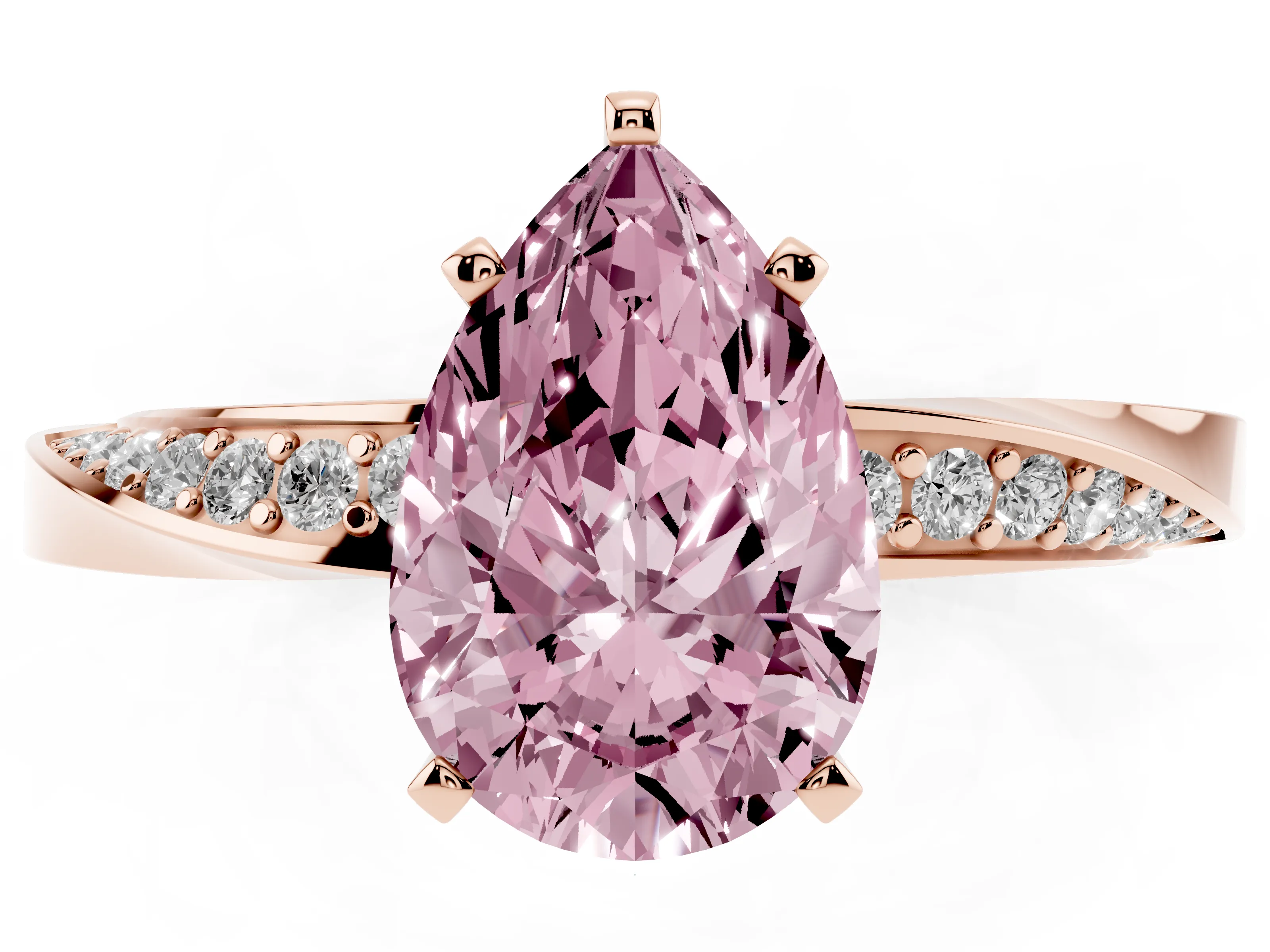 Fancy Pink Pear Cut Diamond Engagement Ring Set in Rose gold with Side Stone Accents and Prong Setting