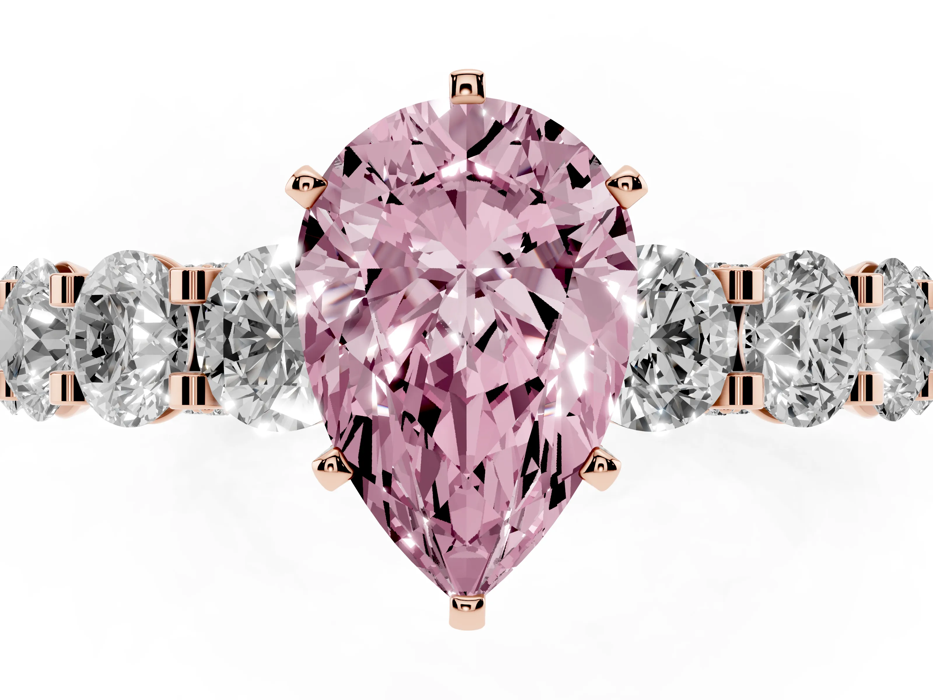 Fancy Pink Pear Cut Diamond Side Stone Ring Set in Rose gold with Alternating Round and Oval Side Stones