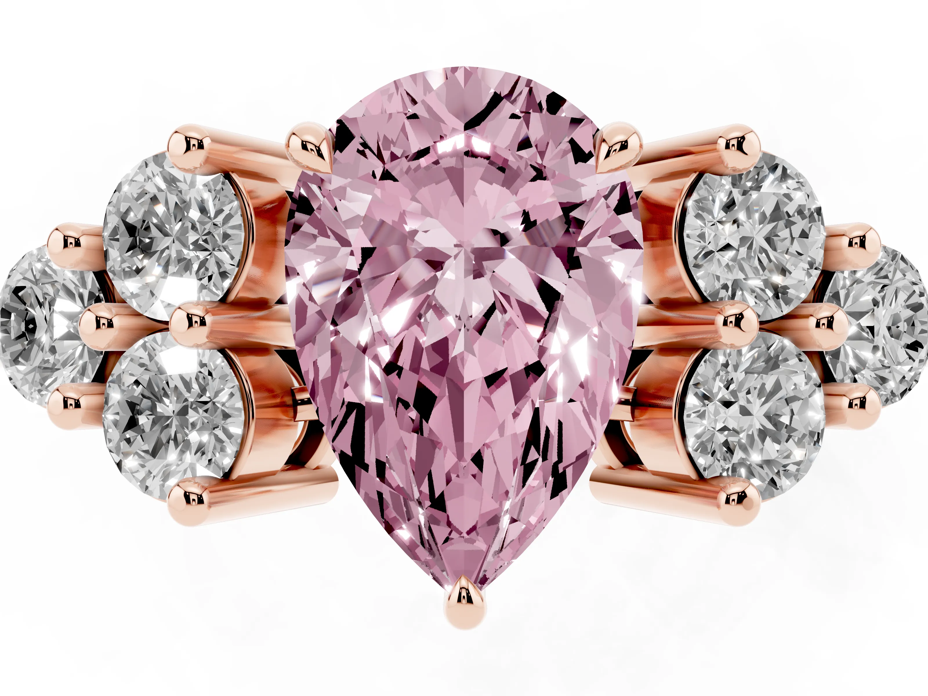Fancy Pink Pear Cut Diamond Solitaire Ring Set in Rose gold with Cluster Accents on Each Side