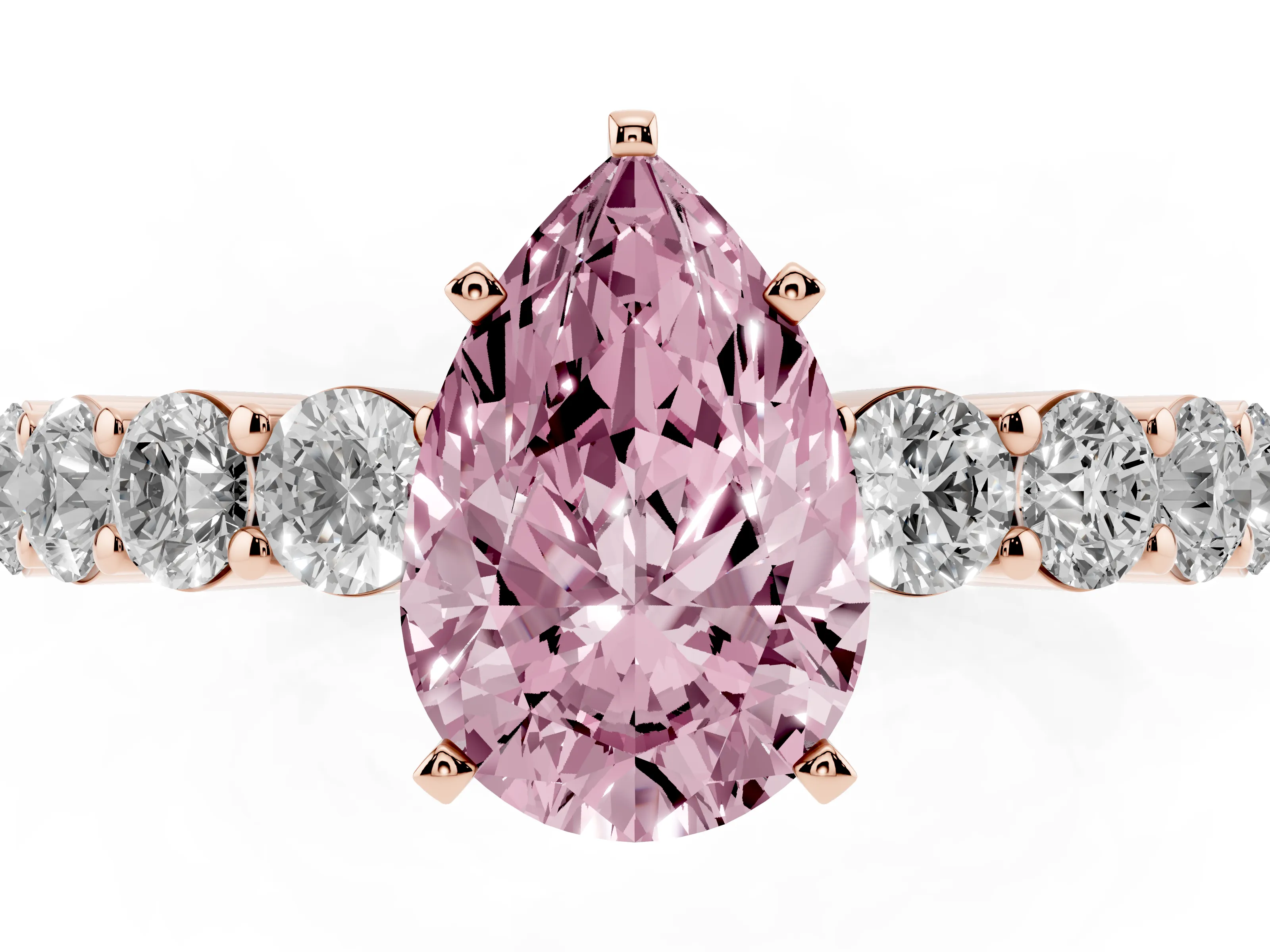Fancy Pink Pear Cut Diamond Solitaire Ring Set in Rose gold with Shared Prong Round Side Stones