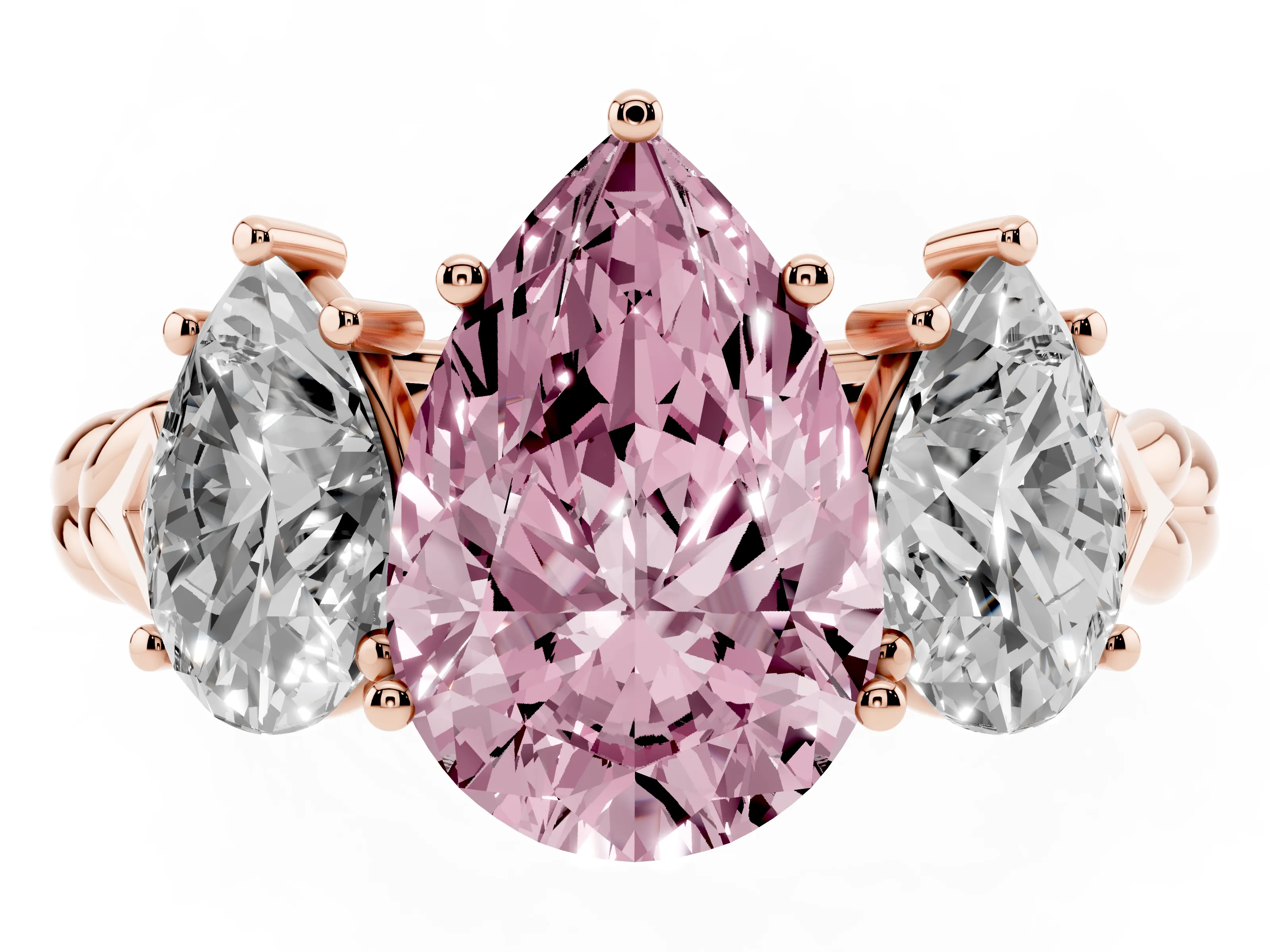 Fancy Pink Pear Cut Diamond Three-Stone Ring Set in Rose gold with Braided Band