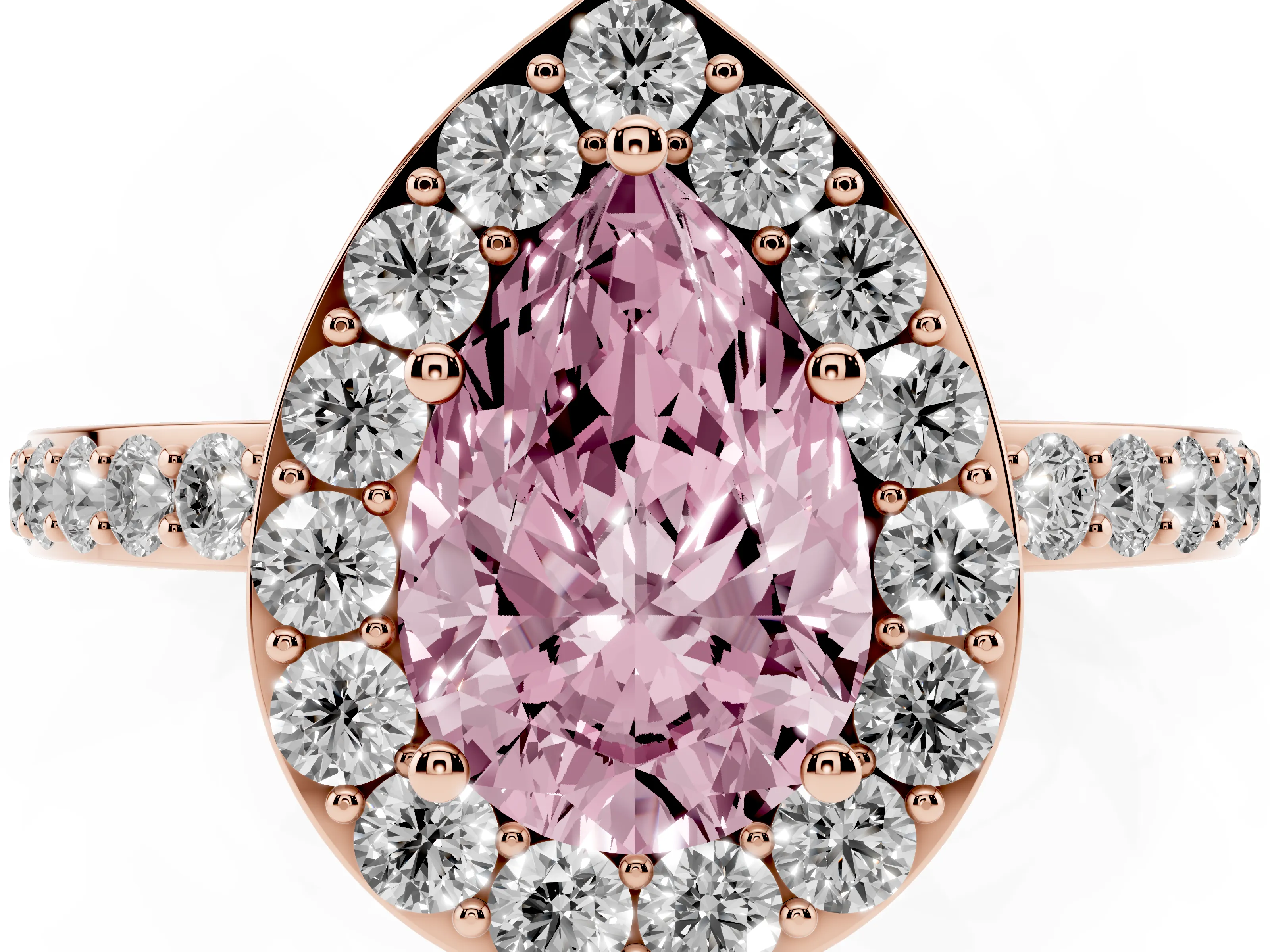 Fancy Pink Pear Cut Diamond Halo Ring Set in Rose gold with Pavé-Setting Band and Open Prong Center