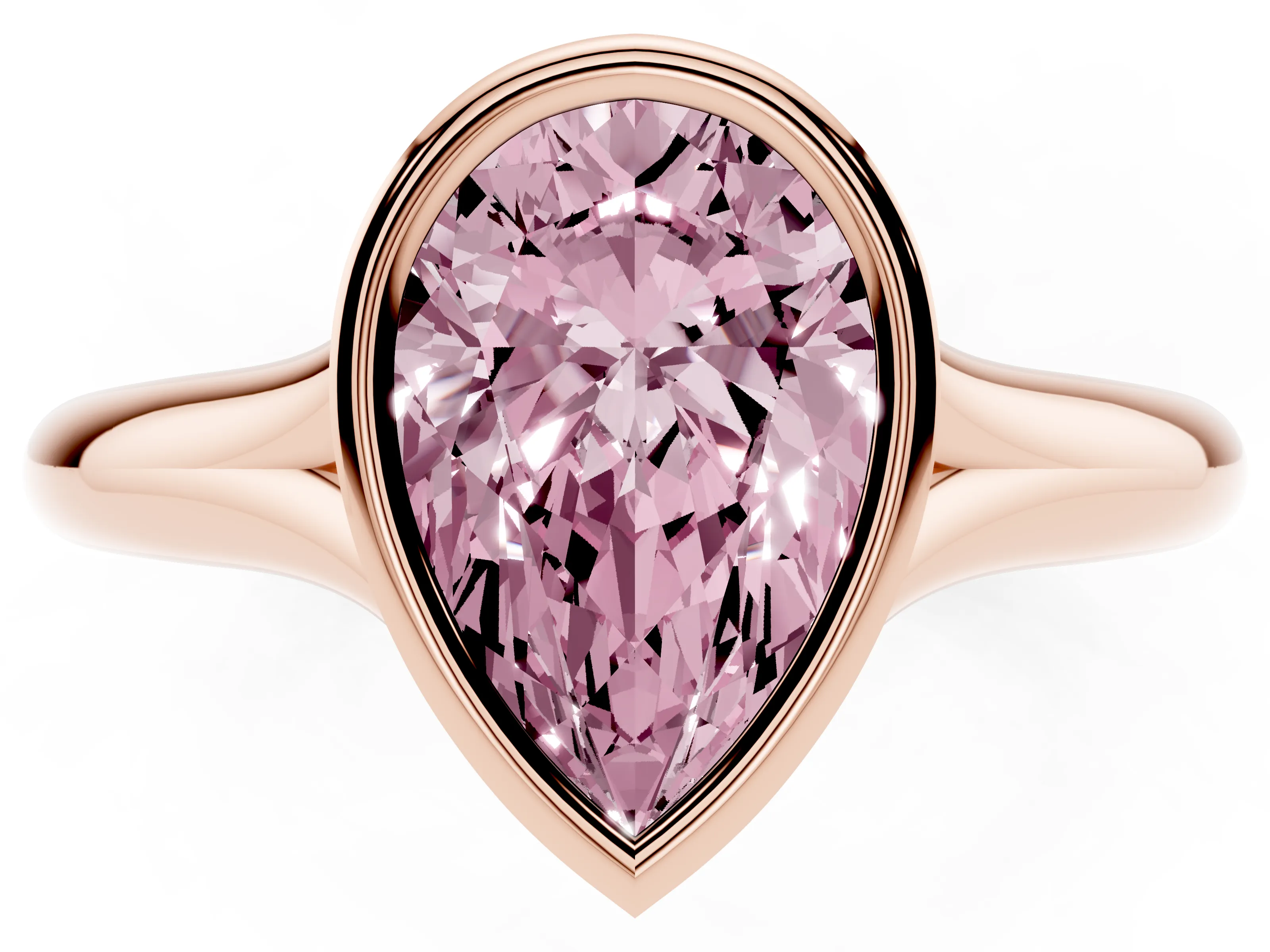 Fancy Pink Bezel Set Pear Cut Diamond Solitaire Ring Set in Rose gold with Smooth Band