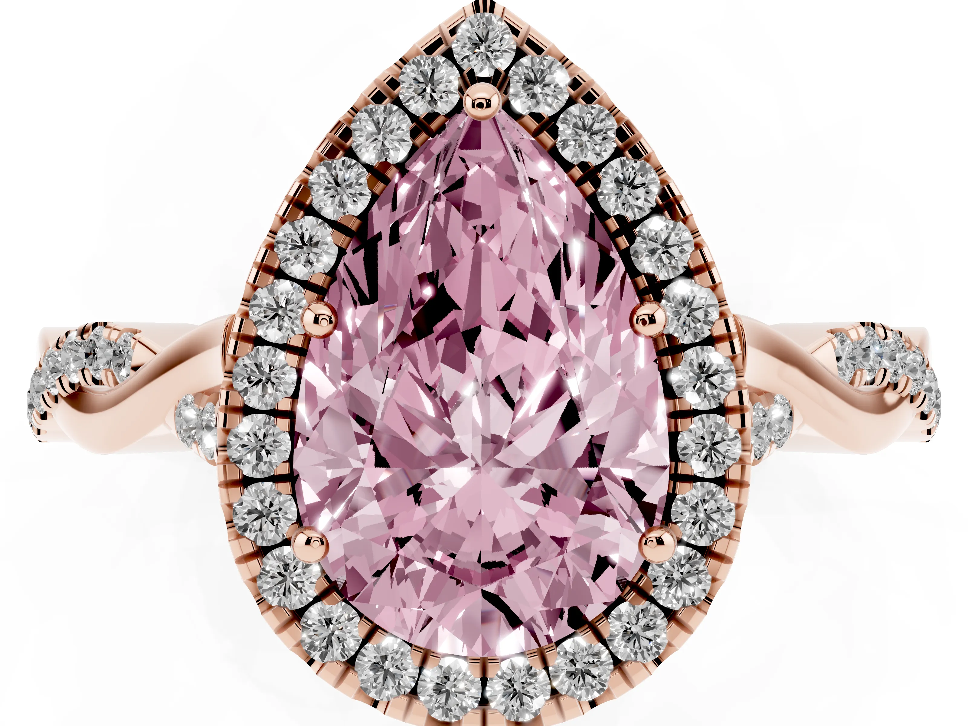 Fancy Pink Pear Cut Diamond Halo Twist Band Solitaire Ring Set in Rose gold with Prong Setting