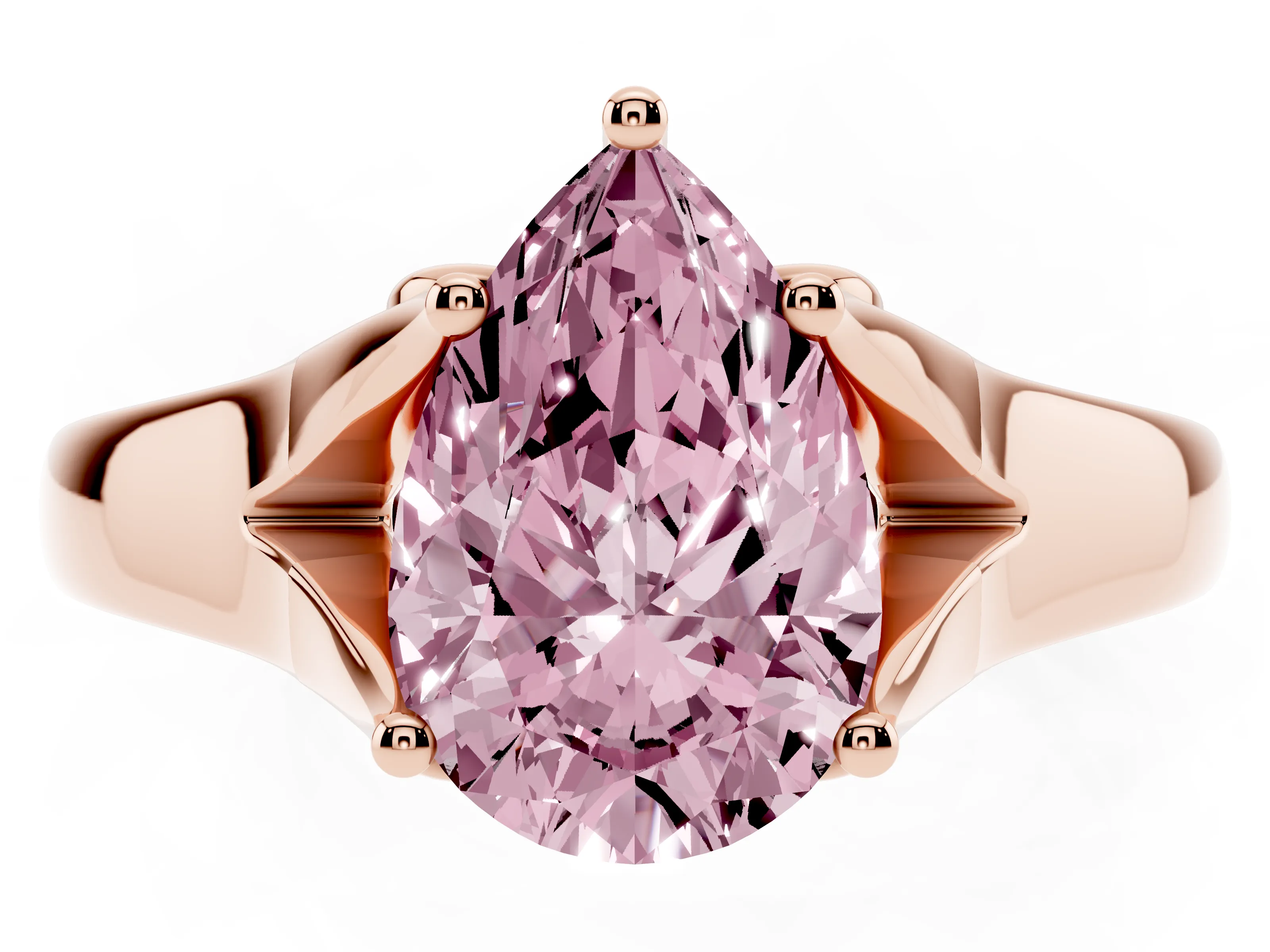 Fancy Pink Pear Cut Diamond Solitaire Ring Set in Rose gold with Arched Cathedral Band and Prong Setting
