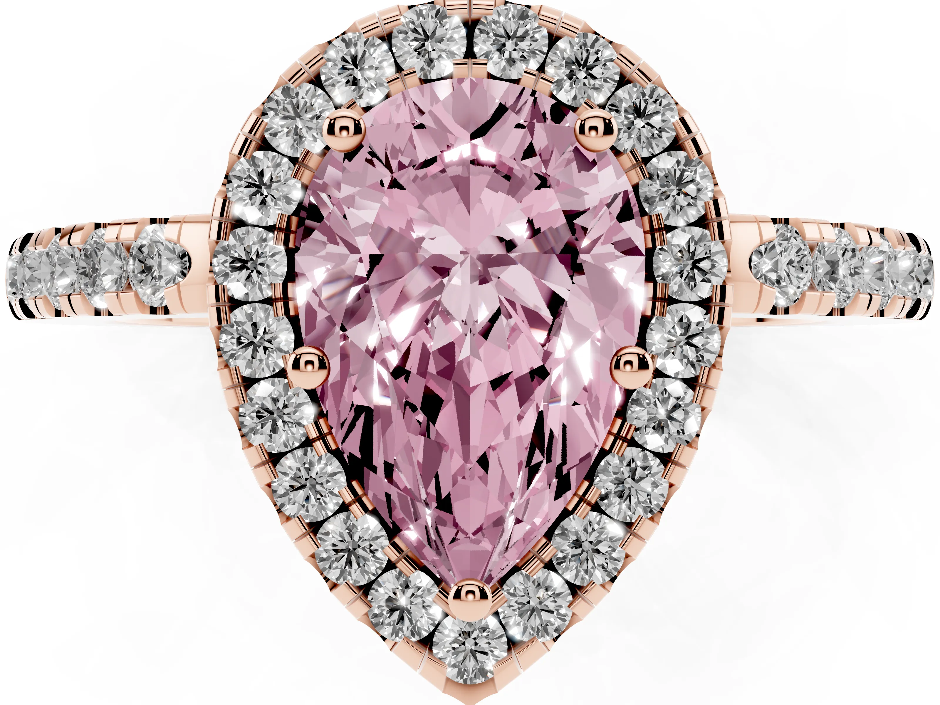 Fancy Pink Pear Cut Diamond Pavé Band Halo Engagement Ring Set in Rose gold with Prong Setting