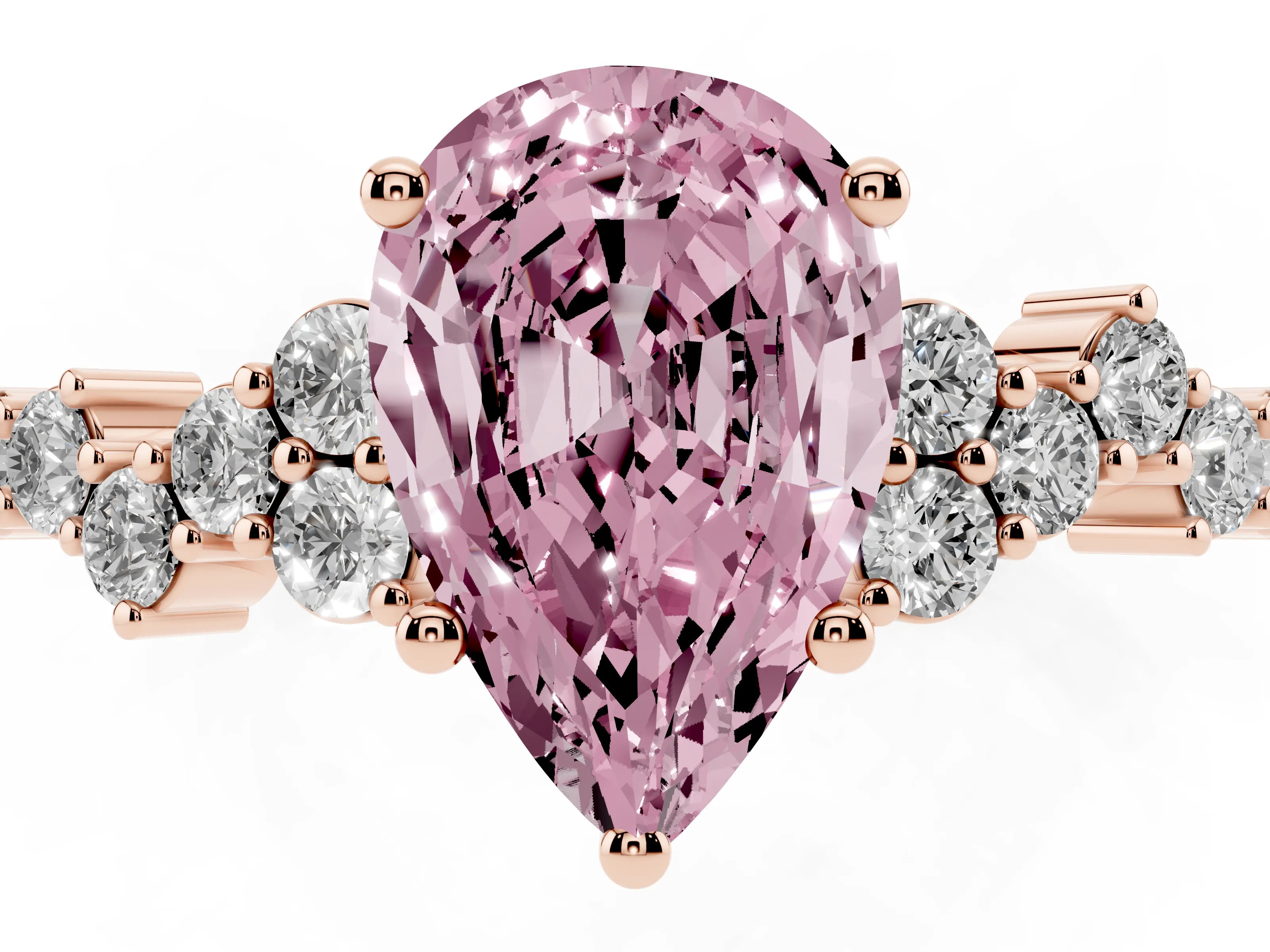 Fancy Pink Pear Cut Diamond Ring Set in Rose gold with Scattered Round Accents