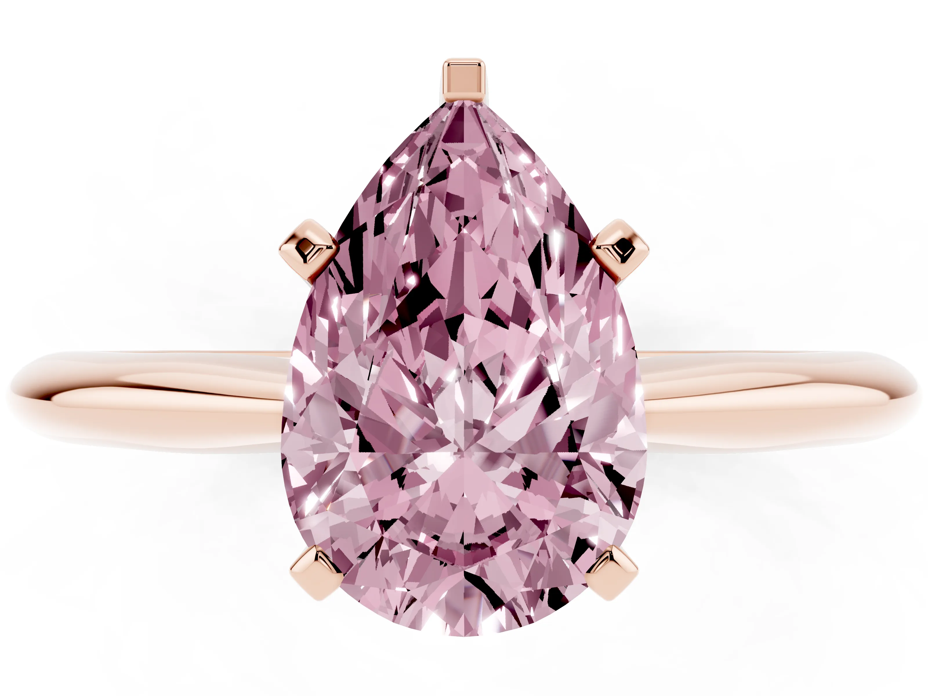 Fancy Pink Pear Cut Diamond Solitaire Ring Set in Rose gold with Prong Setting on a Plain Round Band