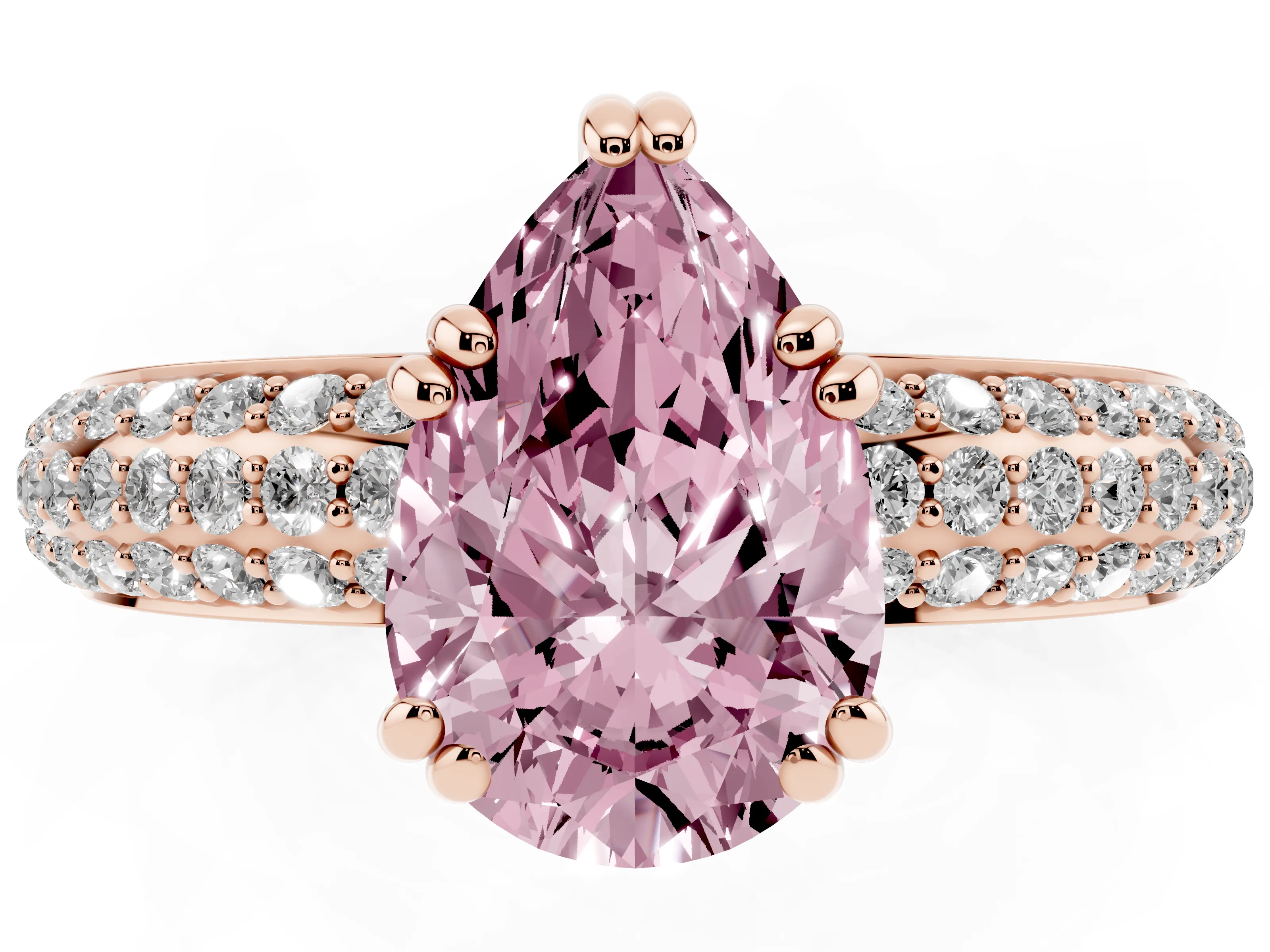 Fancy Pink Pear Cut Diamond Solitaire Ring Set in Rose gold with Multi-Row Round Pavé Band and Prong Setting