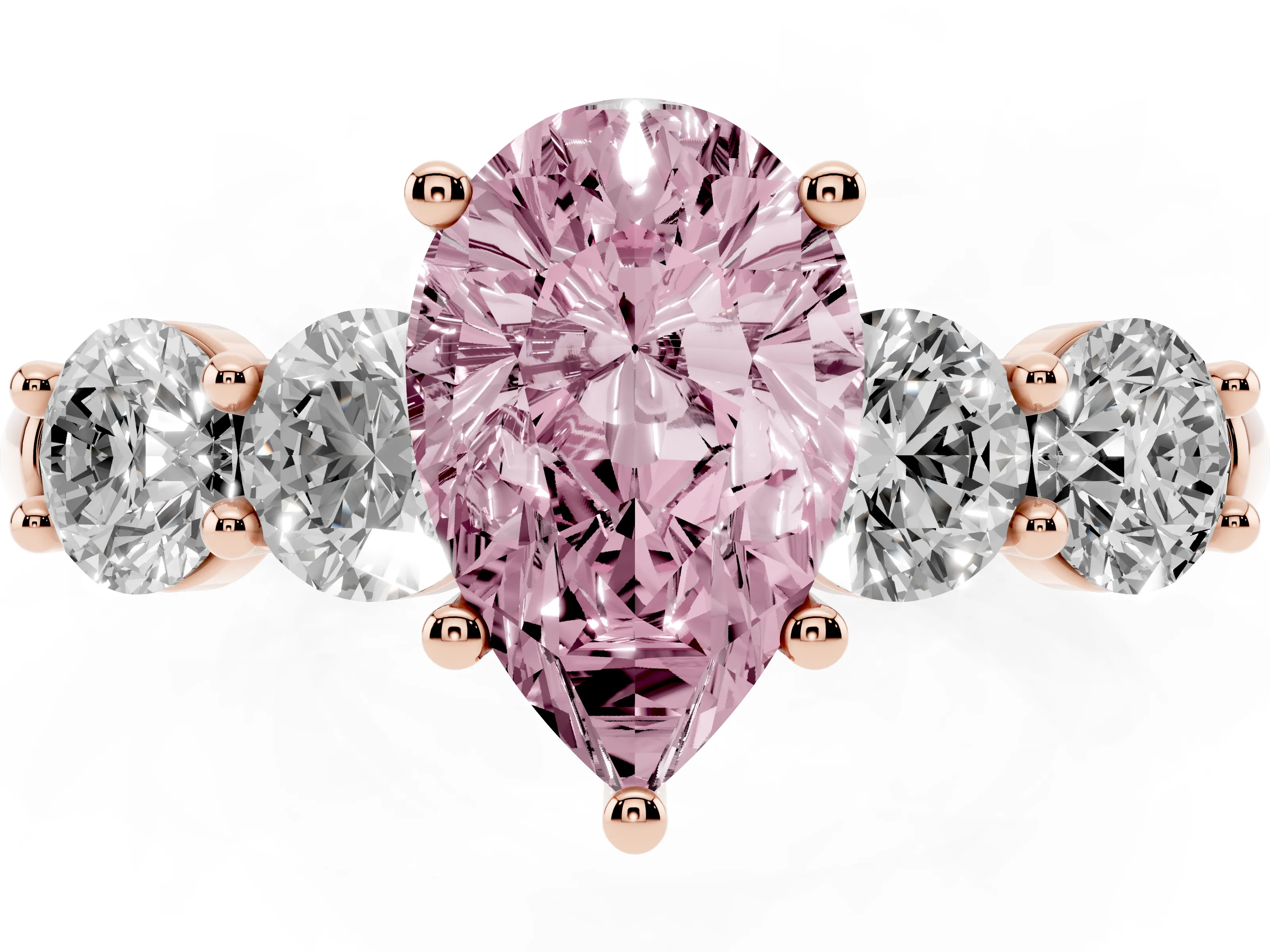 Fancy Pink Pear Cut Diamond Five-Stone Prong Set Ring Set in Rose gold with Classic Band