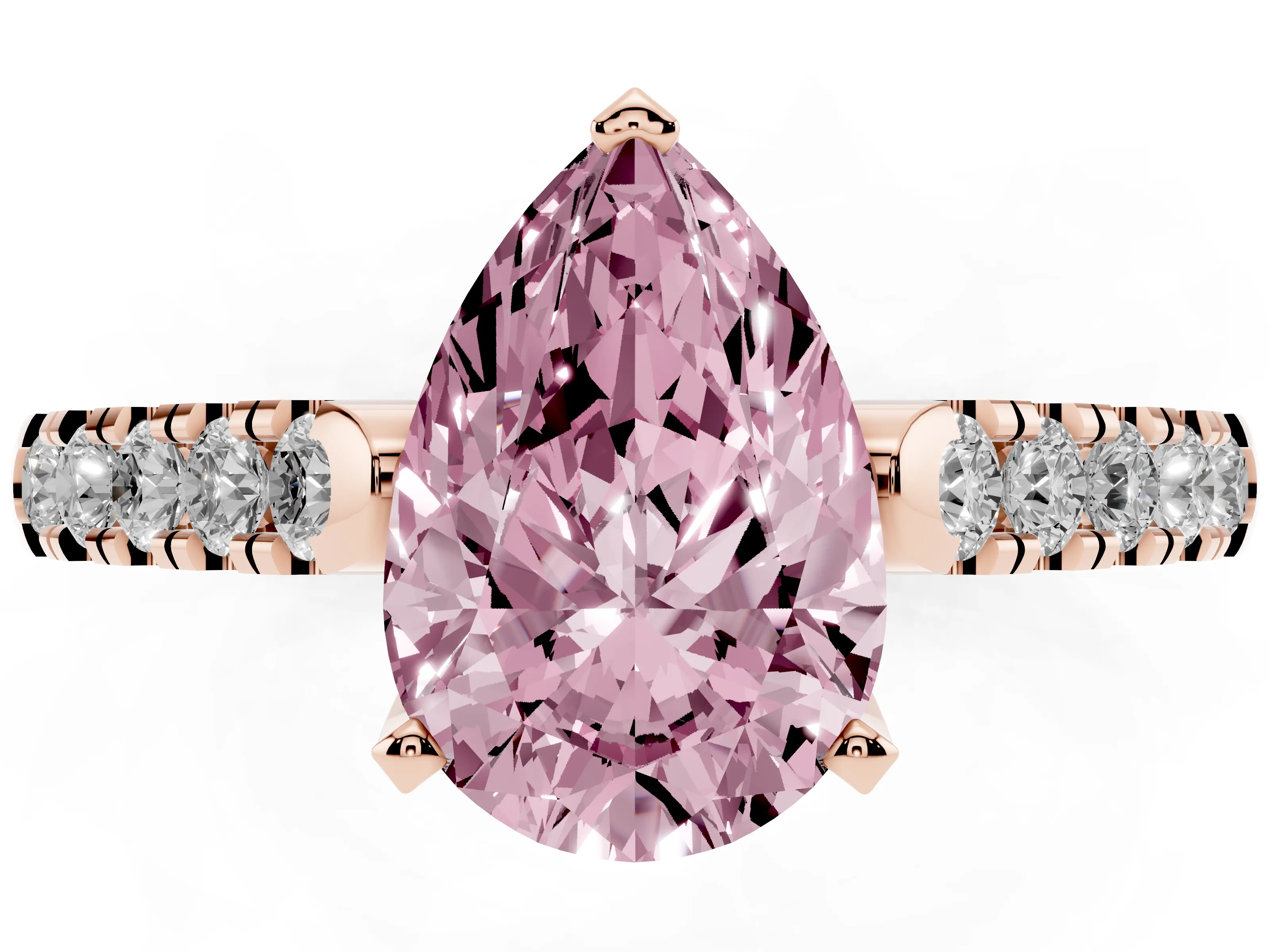 Fancy Pink Pear Cut Diamond Pavé Band Solitaire Ring Set in Rose gold with Partway Accent Stones and Prong Setting