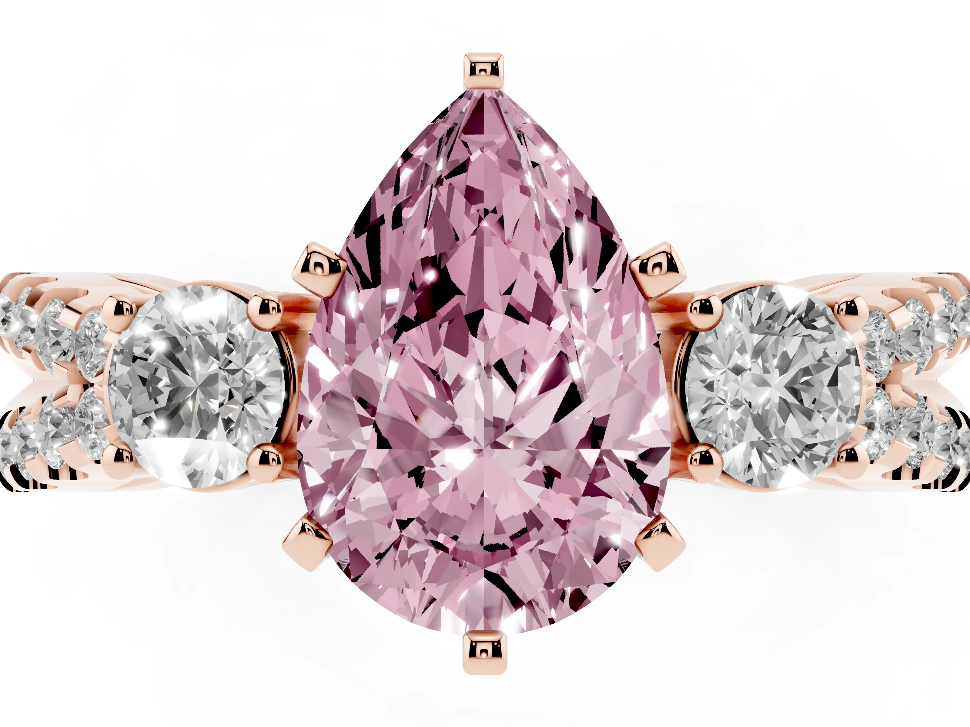 Fancy Pink Pear Cut Diamond Three-Stone Ring Set in Rose gold with Pavé Split Shank and Prong Setting