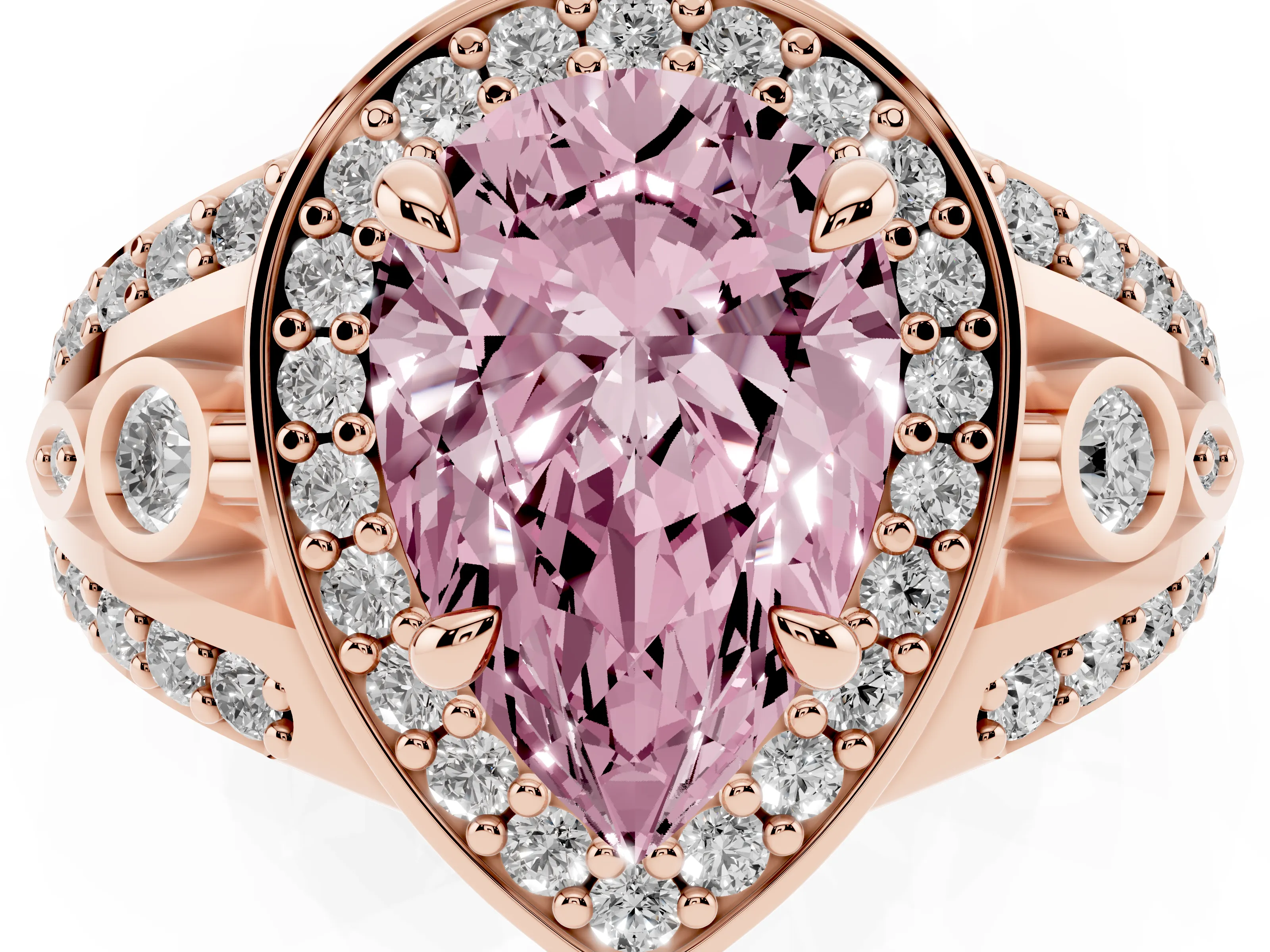 Fancy Pink Pear Cut Diamond Halo Ring Set in Rose gold with Pavé Split Shank and Bezel Accents