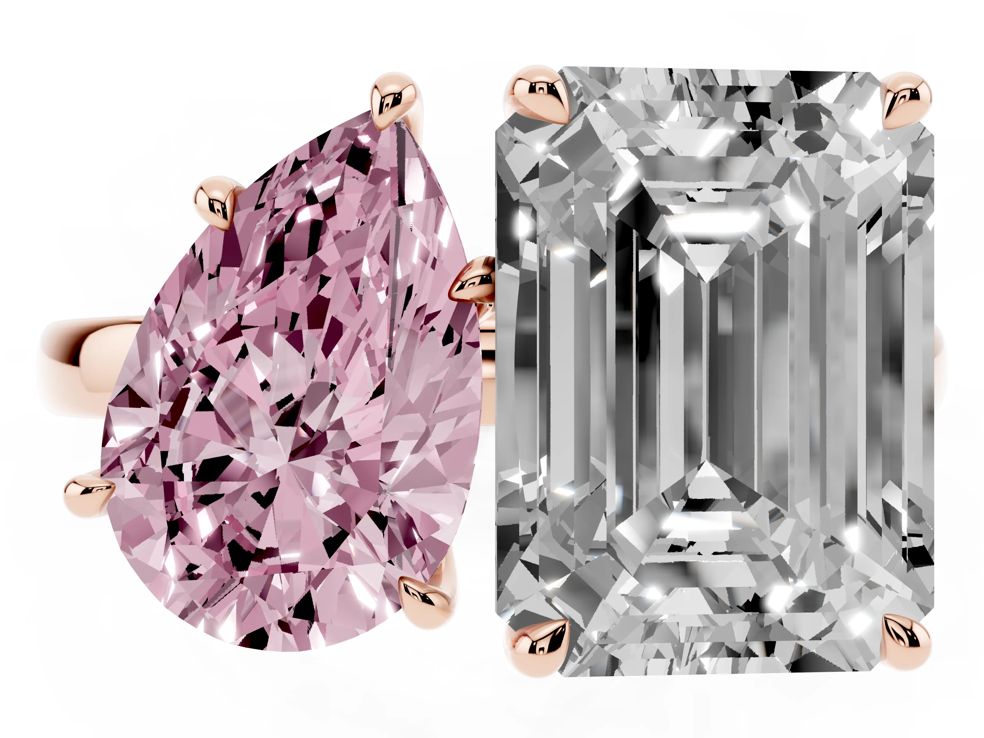 Fancy Pink Pear Cut and Emerald Cut Toi Moi Ring Set in Rose gold with Prong Setting