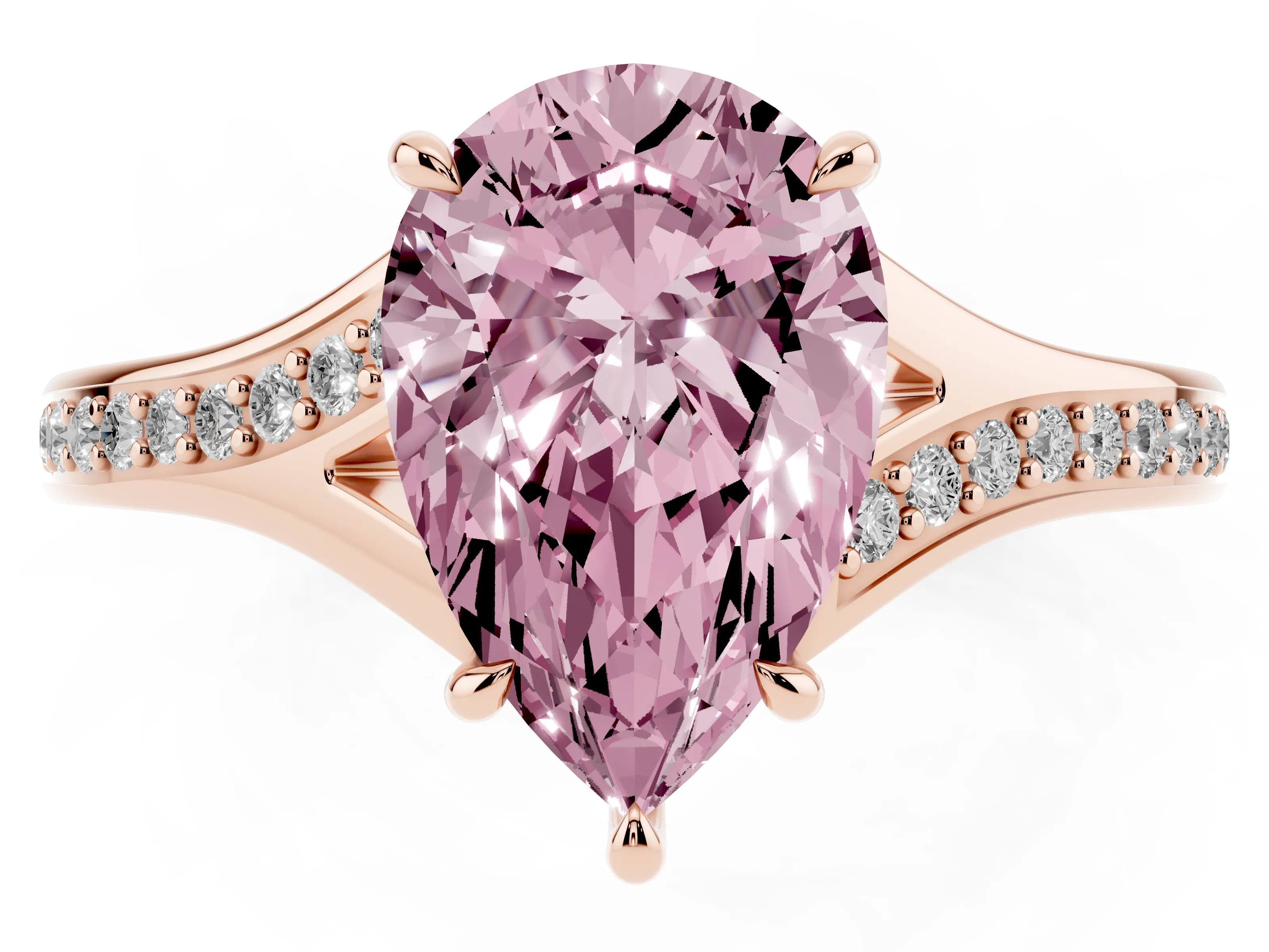 Fancy Pink Pear Cut Diamond Solitaire Ring Set in Rose gold with Pavé Accent Band and Classic Prong Setting