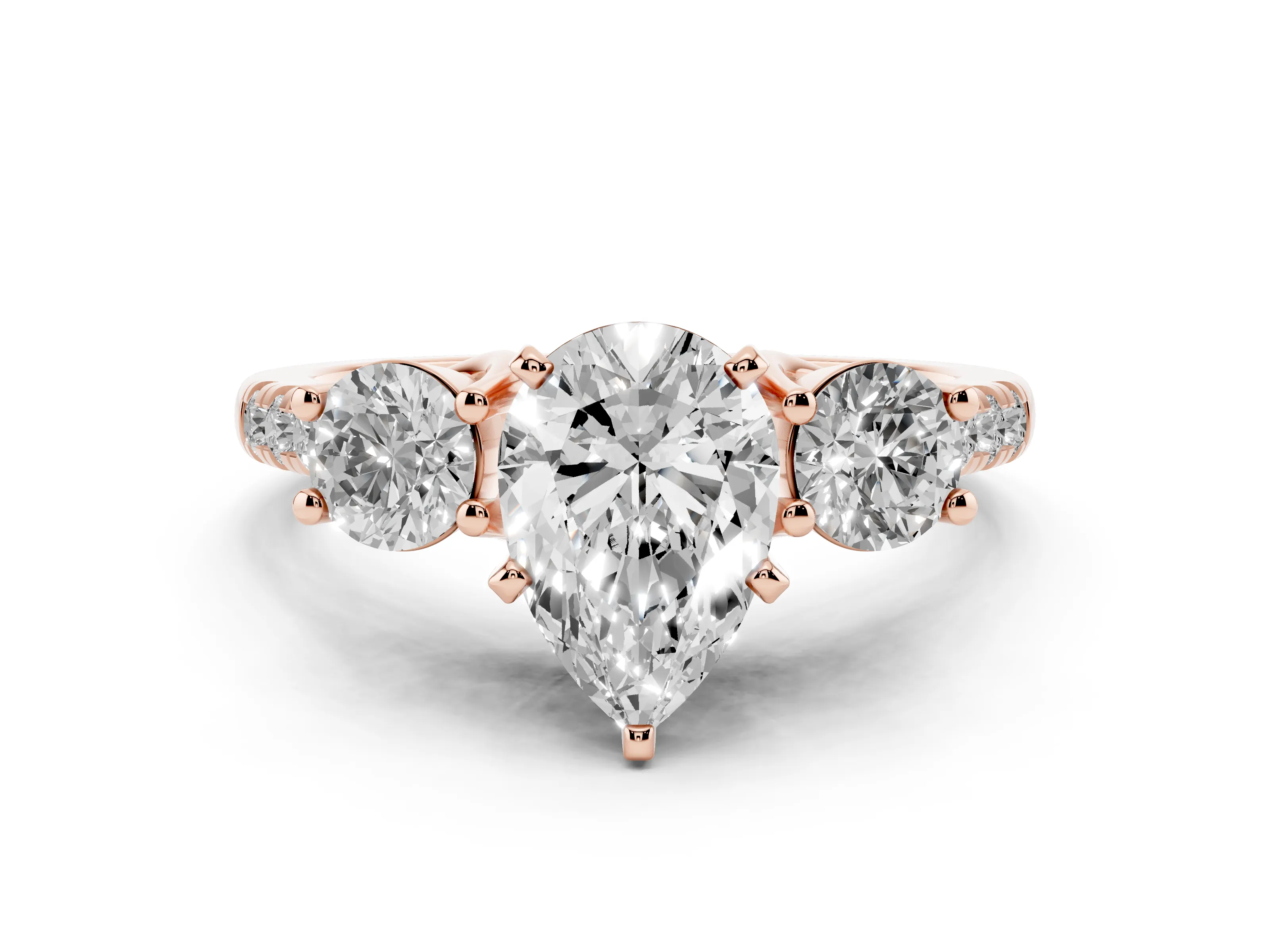 Three-Stone Pear Cut Diamond Pavé Band Ring Set in Rose gold with Prong-Set Trio