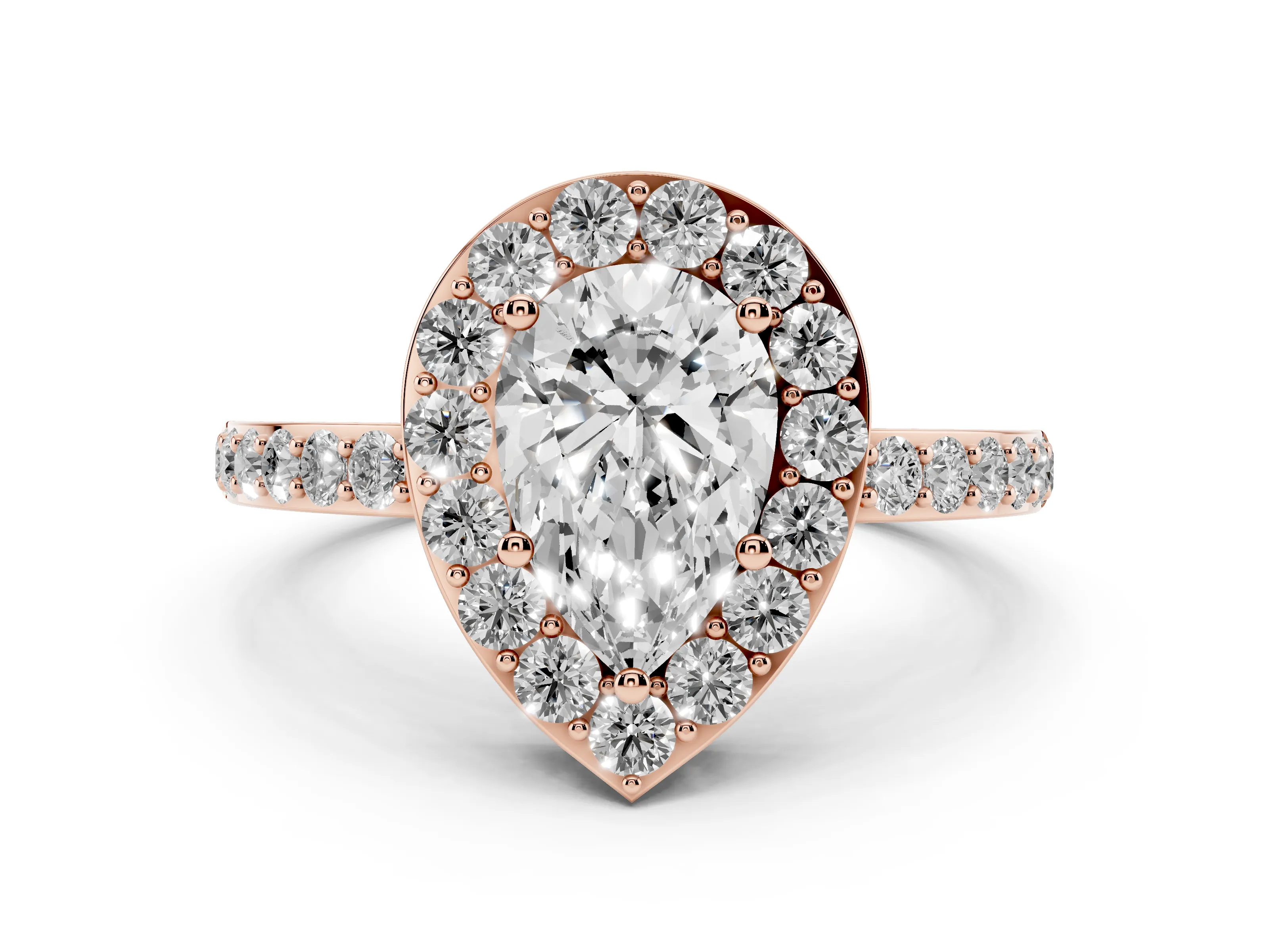 Pear Cut Diamond Halo Ring Set in Rose gold with Pavé-Setting Band and Open Prong Center