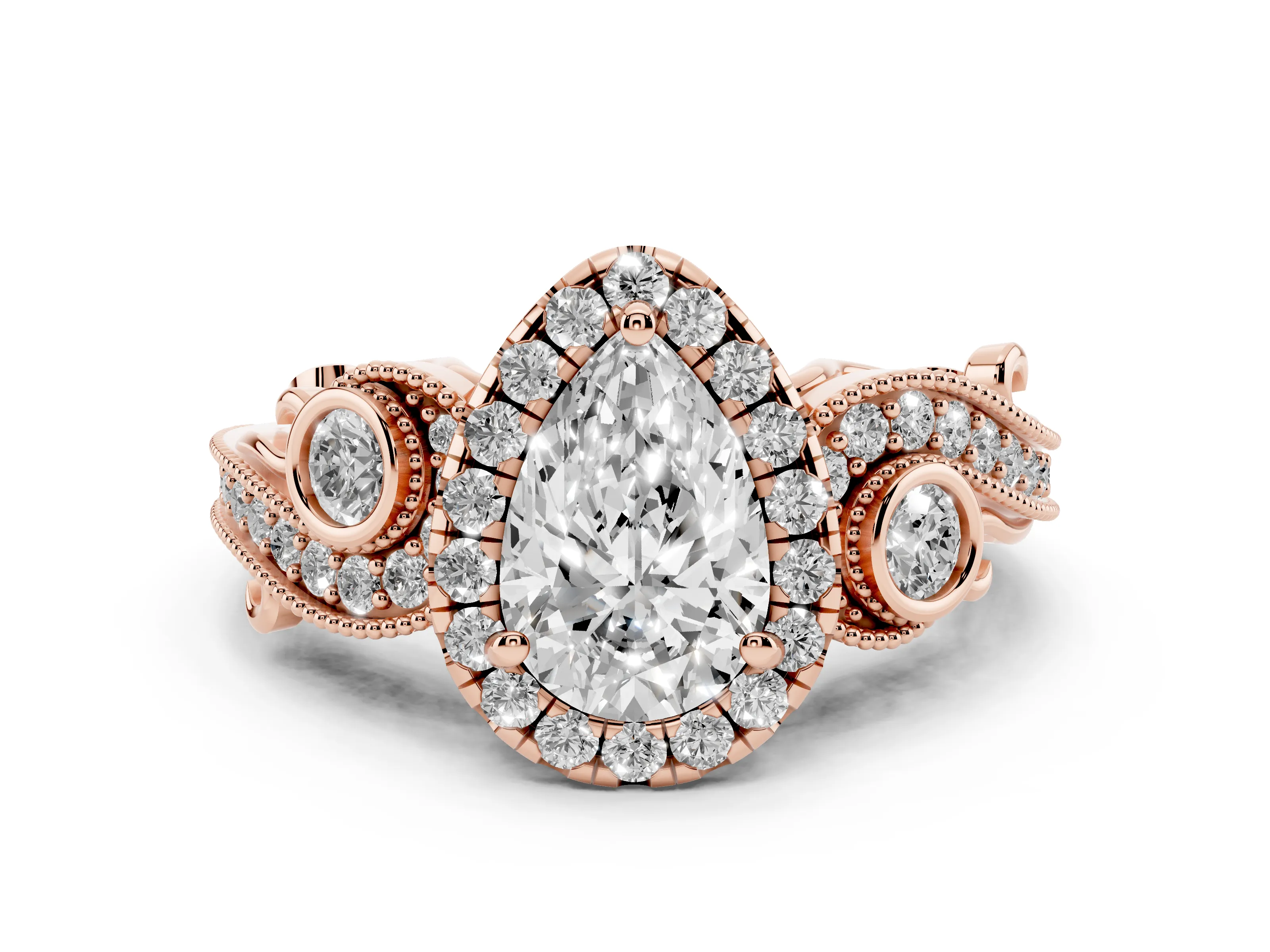 Pear Cut Diamond Halo Ring Set in Rose gold with Milgrain Pavé Band and Prong Setting
