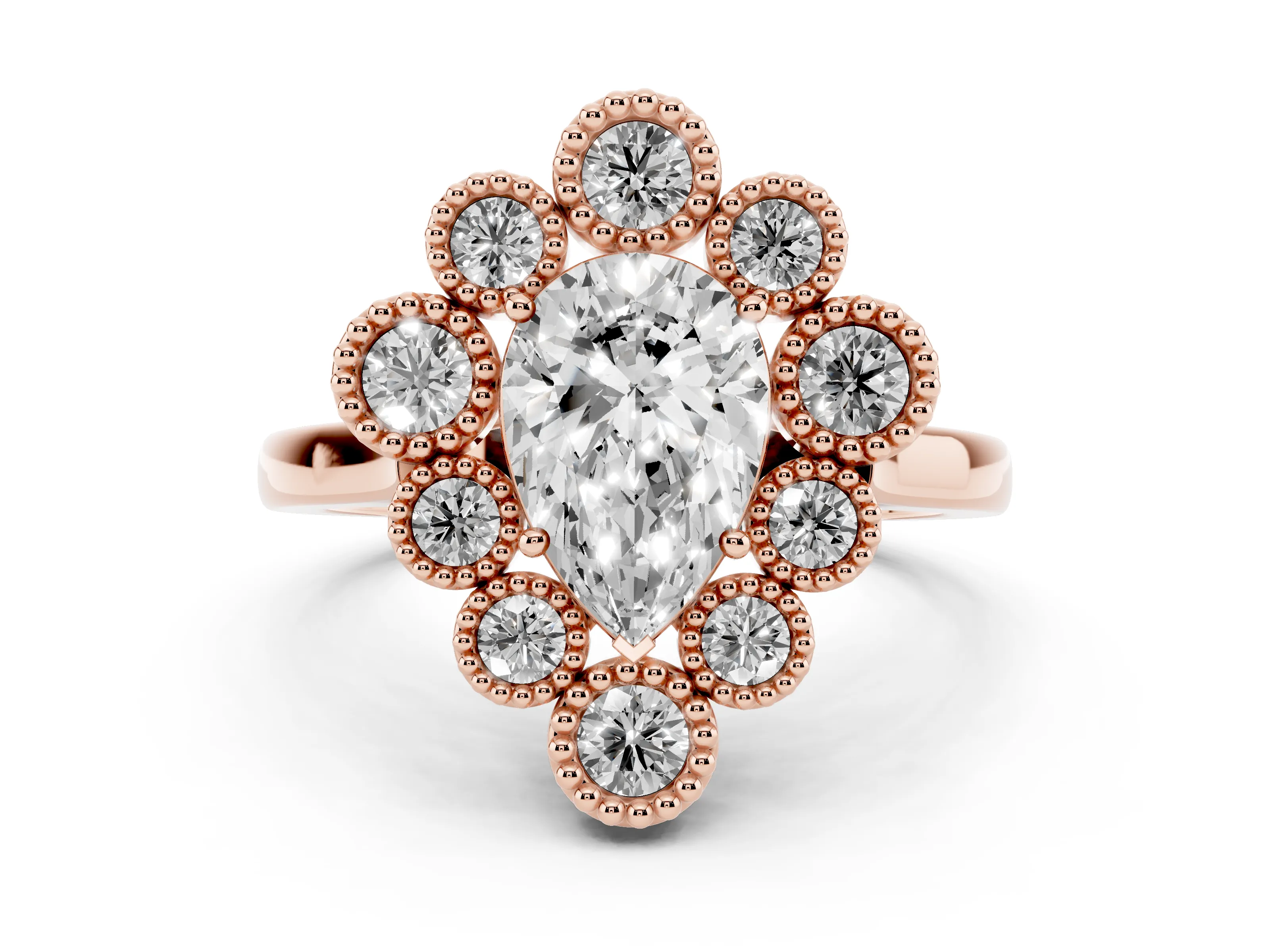 Pear Cut Diamond Cluster Halo Ring Set in Rose gold with Milgrain Bezel Accents and Plain Band
