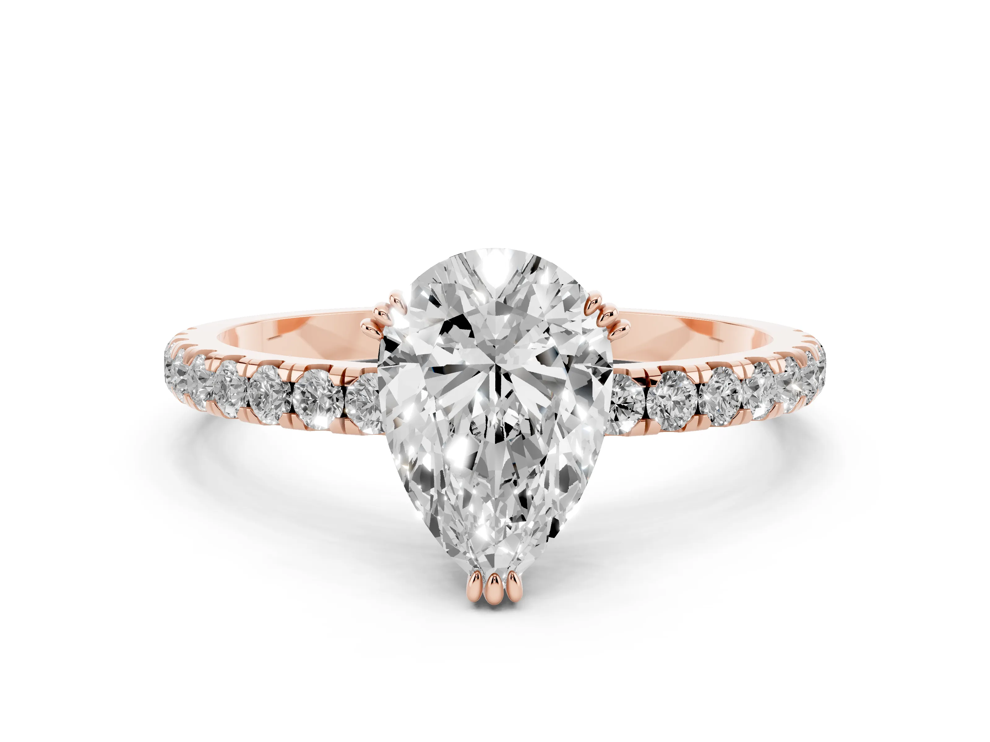 Pear Cut Diamond Brilliant Solitaire Set in Rose gold with Pavé Band and Claw Prong Setting