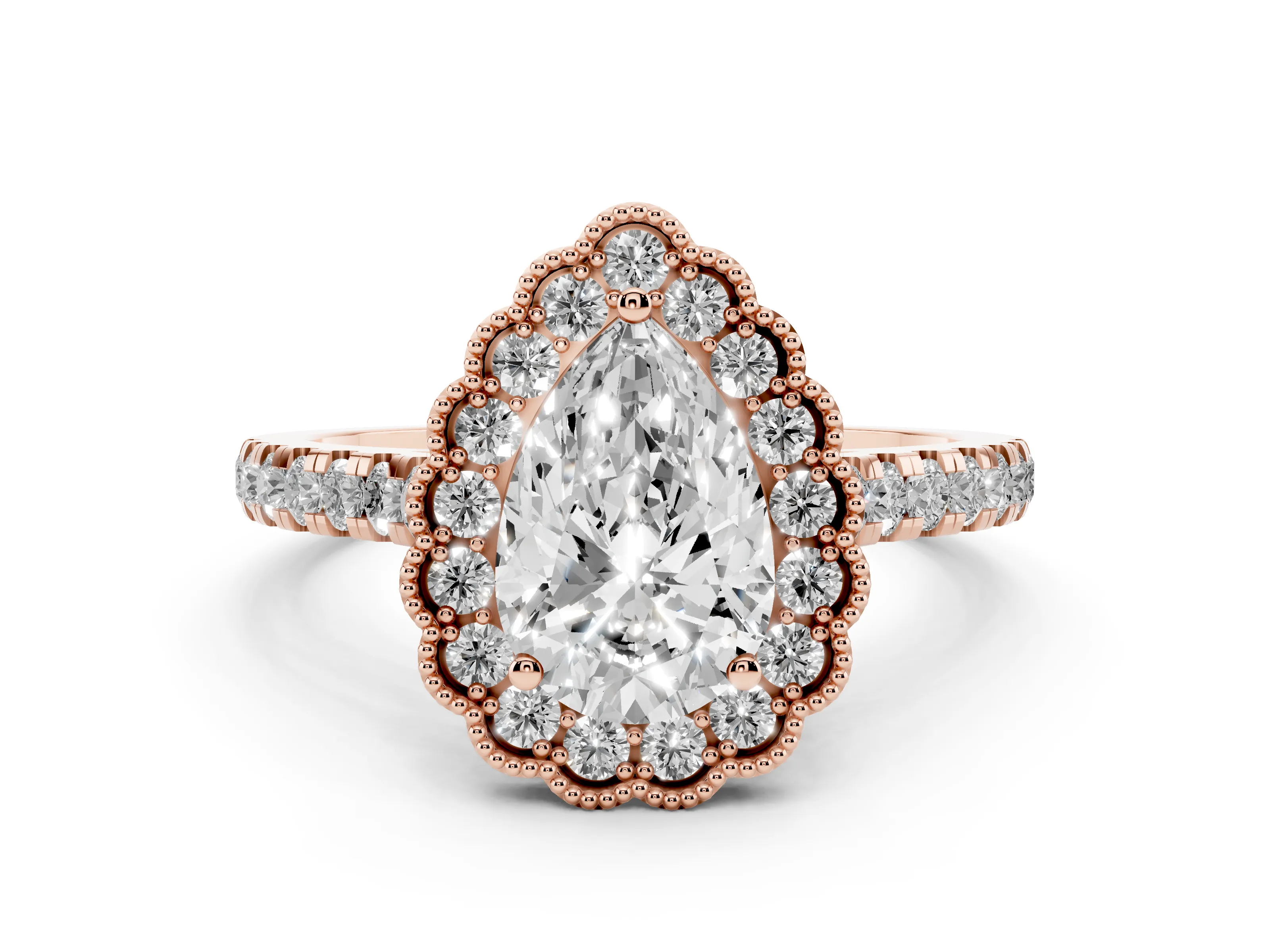 Pear Cut Diamond Milgrain Floral Halo Engagement Ring Set in Rose gold with Pavé Band