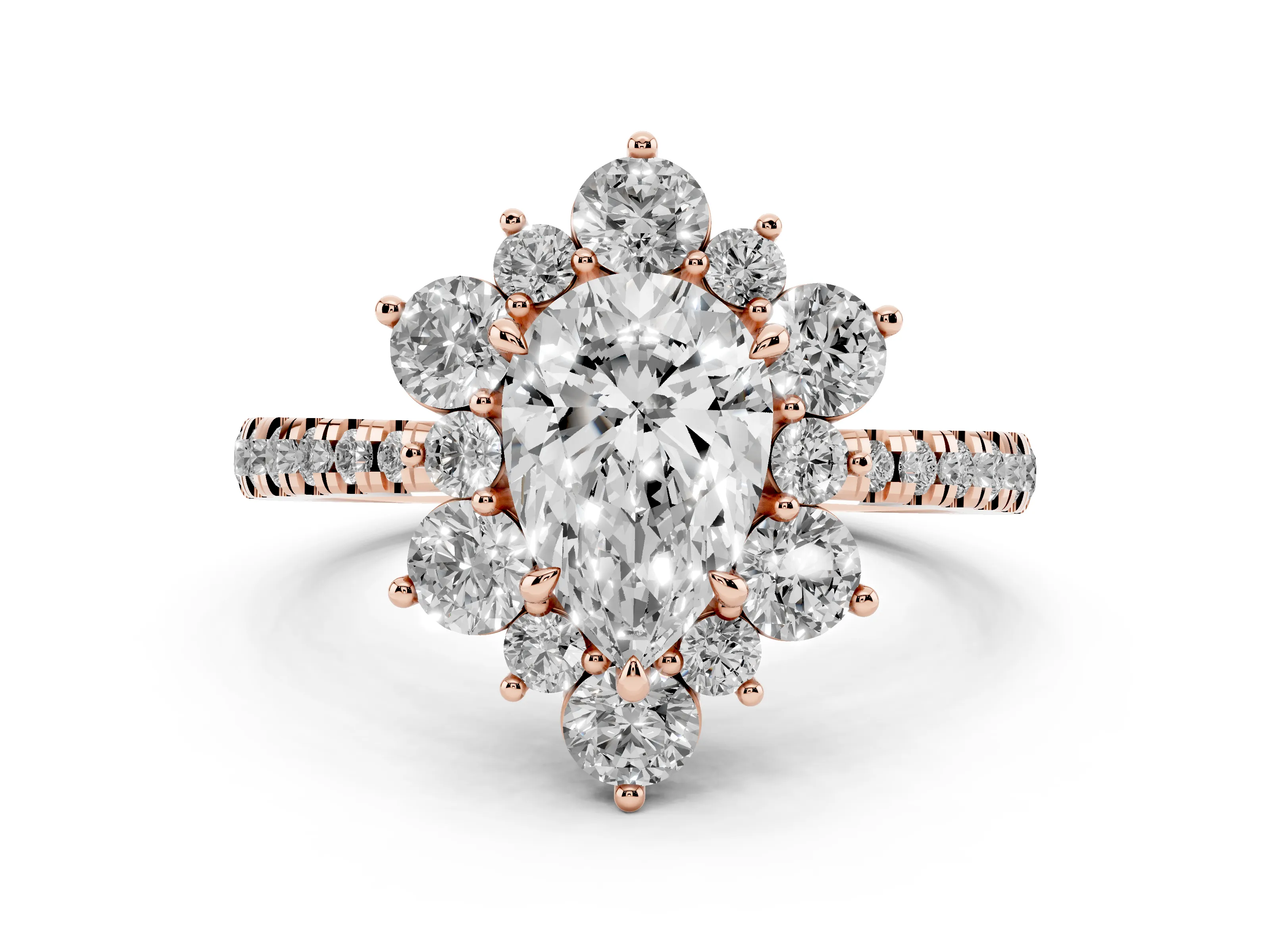 Pear Cut Diamond Floral Halo Ring Set in Rose gold with Round Pavé Band and Prong Setting
