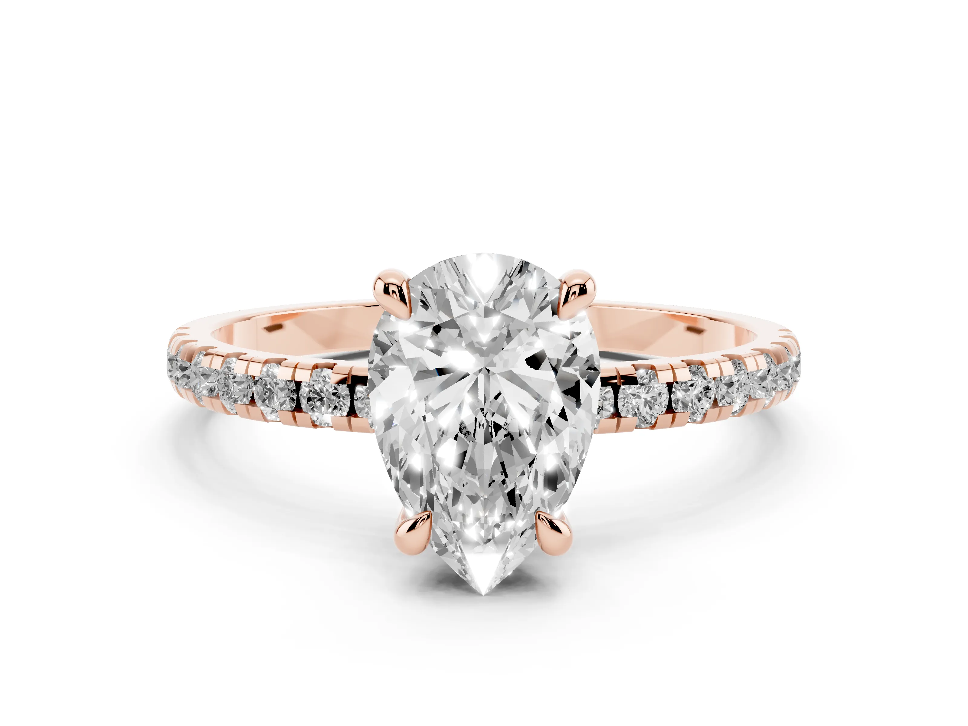 Pear Cut Diamond Brilliant Solitaire Ring Set in Rose gold with Pavé Band and Prong Setting