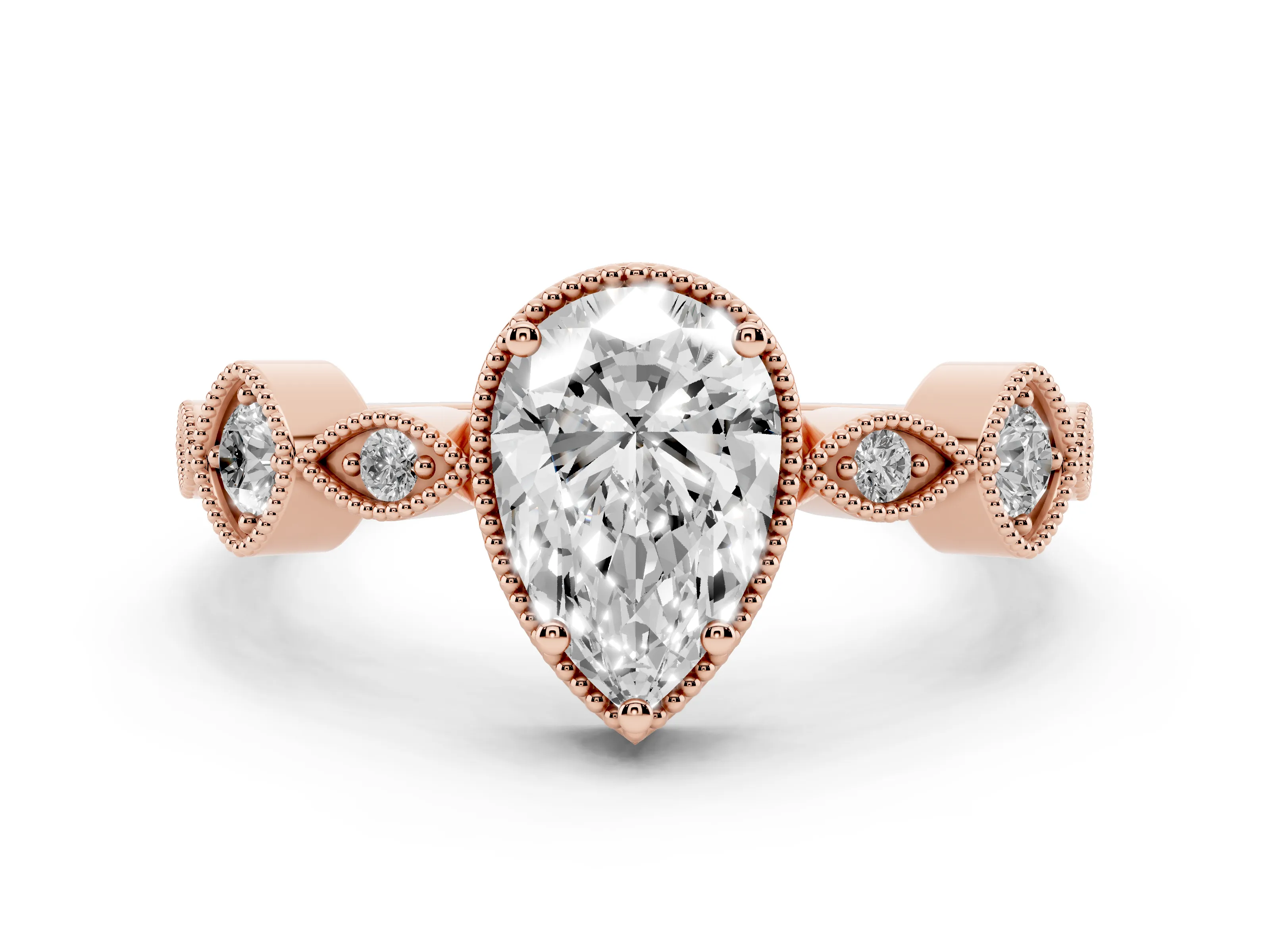 Pear Cut Diamond Vintage-Inspired Milgrain Ring Set in Rose gold with Marquise Stations of Round Accents
