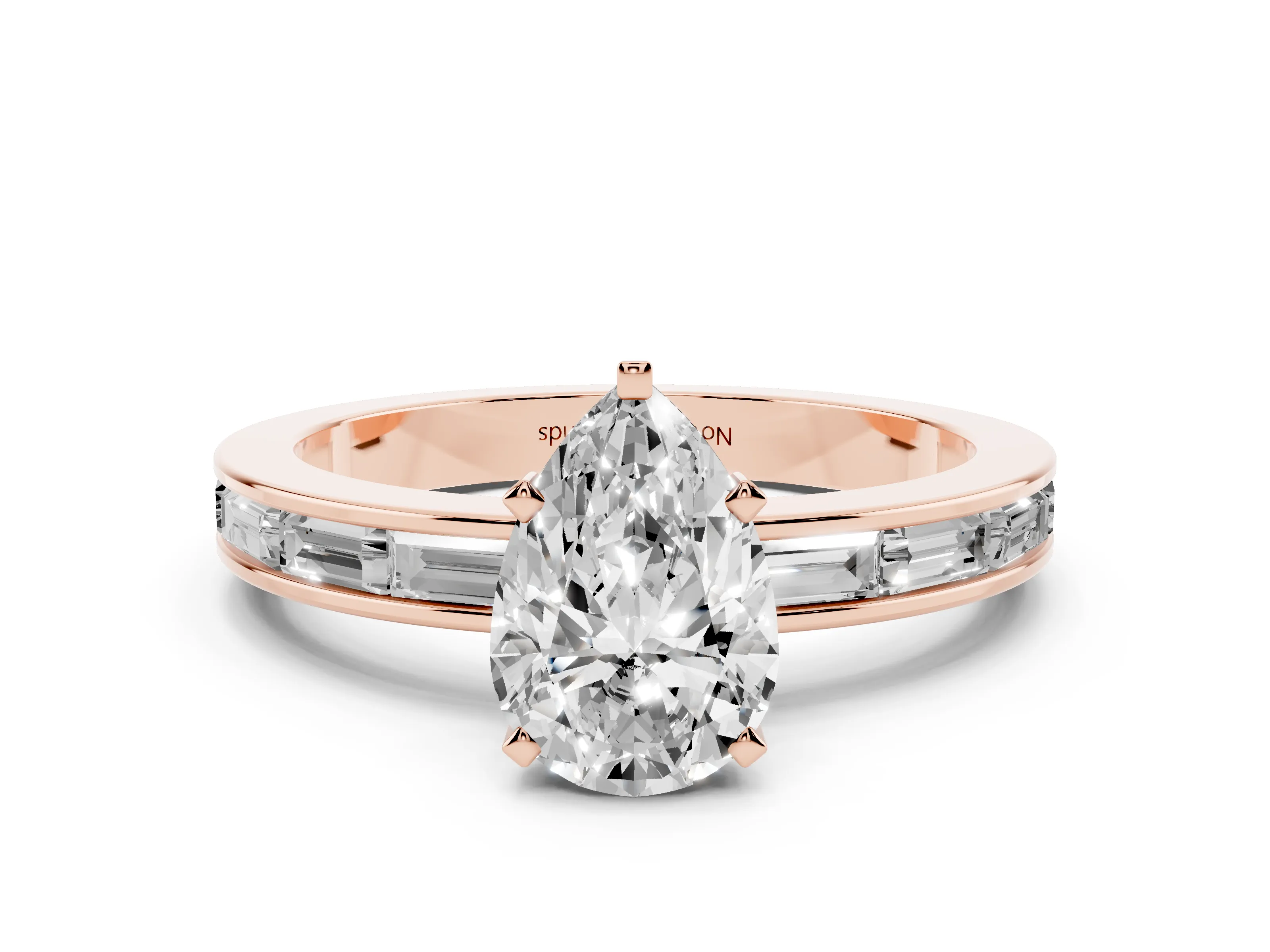 Pear Cut Diamond Solitaire Ring Set in Rose gold with Channel-Set Baguette Band and Prong Setting