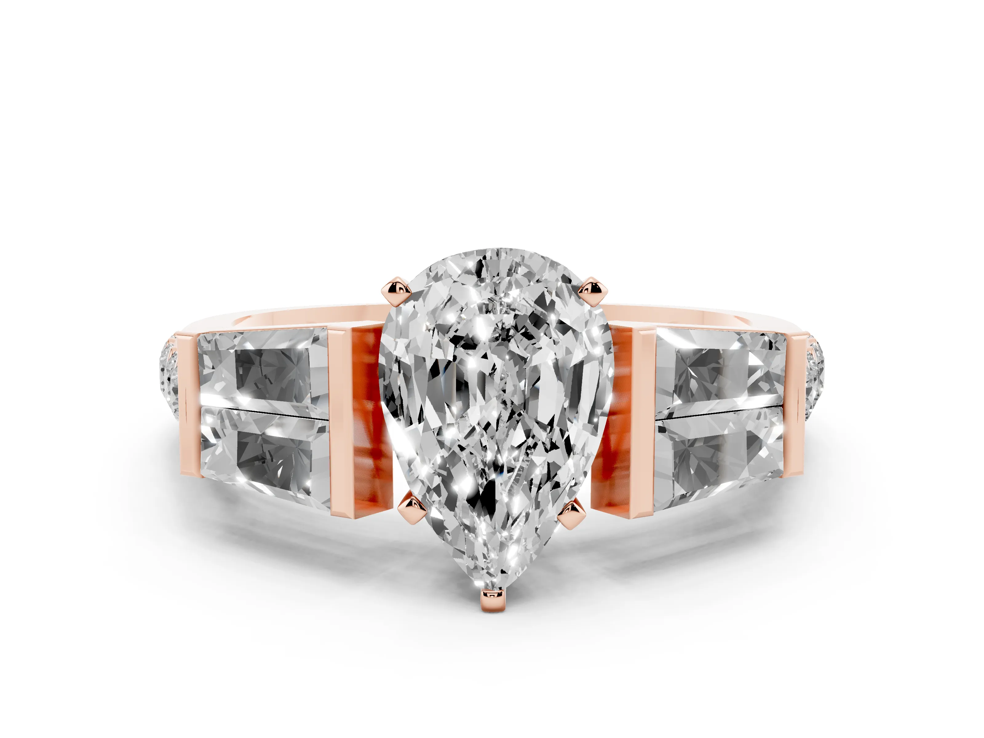 Pear Cut Diamond Engagement Ring Set in Rose gold with Baguette Side Stones and Channel Set Band