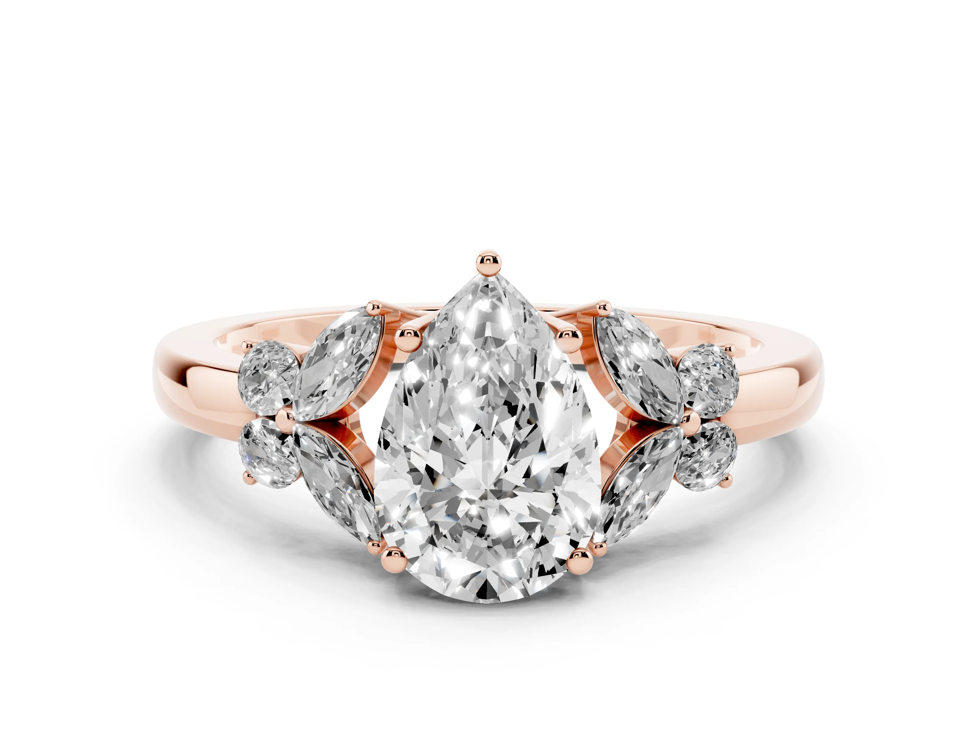 Pear Cut Diamond Solitaire Floral Ring Set in Rose gold with Marquise Petals and Prong Setting