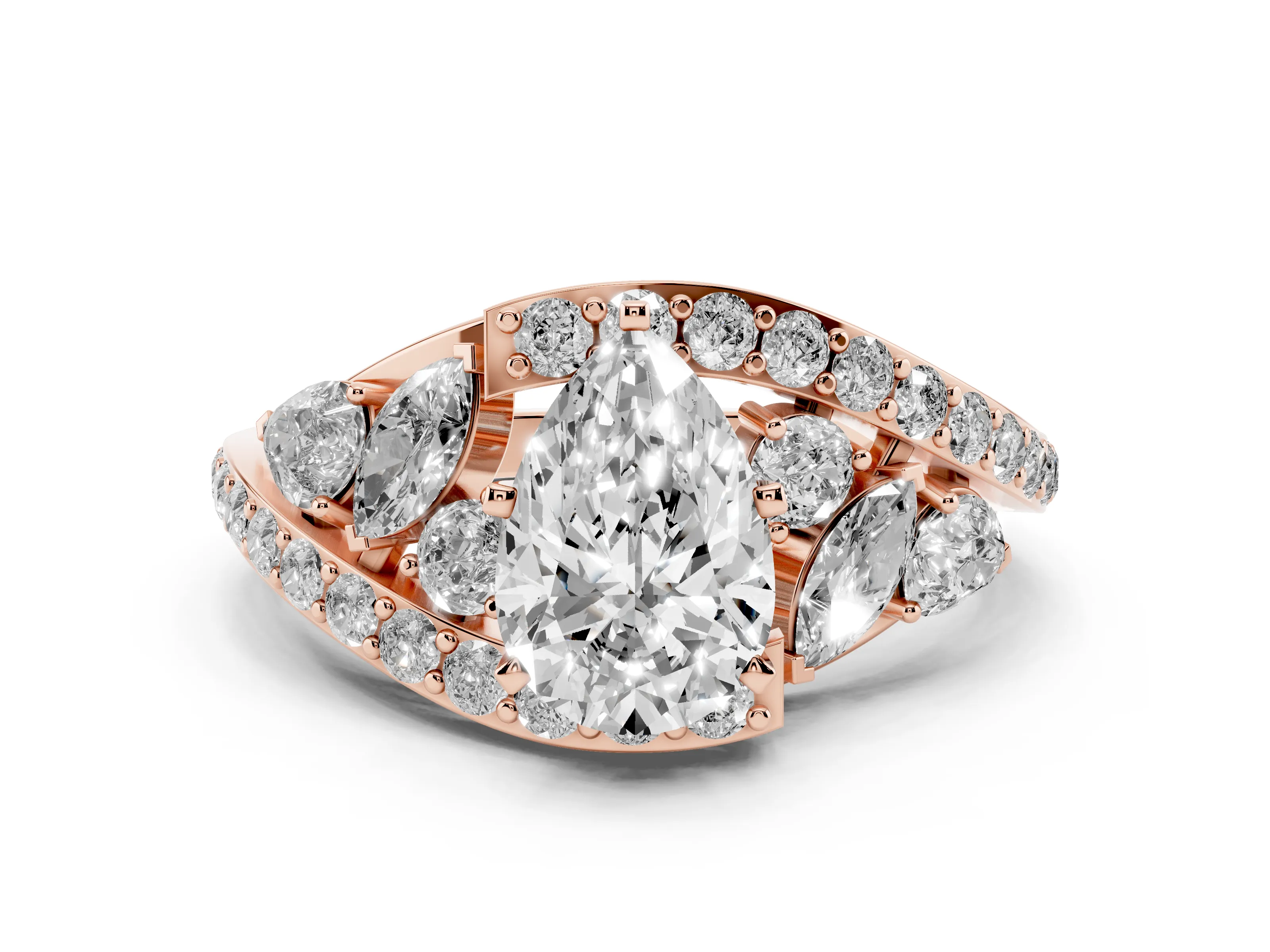 Pear Cut Diamond Halo Ring Set in Rose gold with Marquise and Pavé Band in Prong Setting