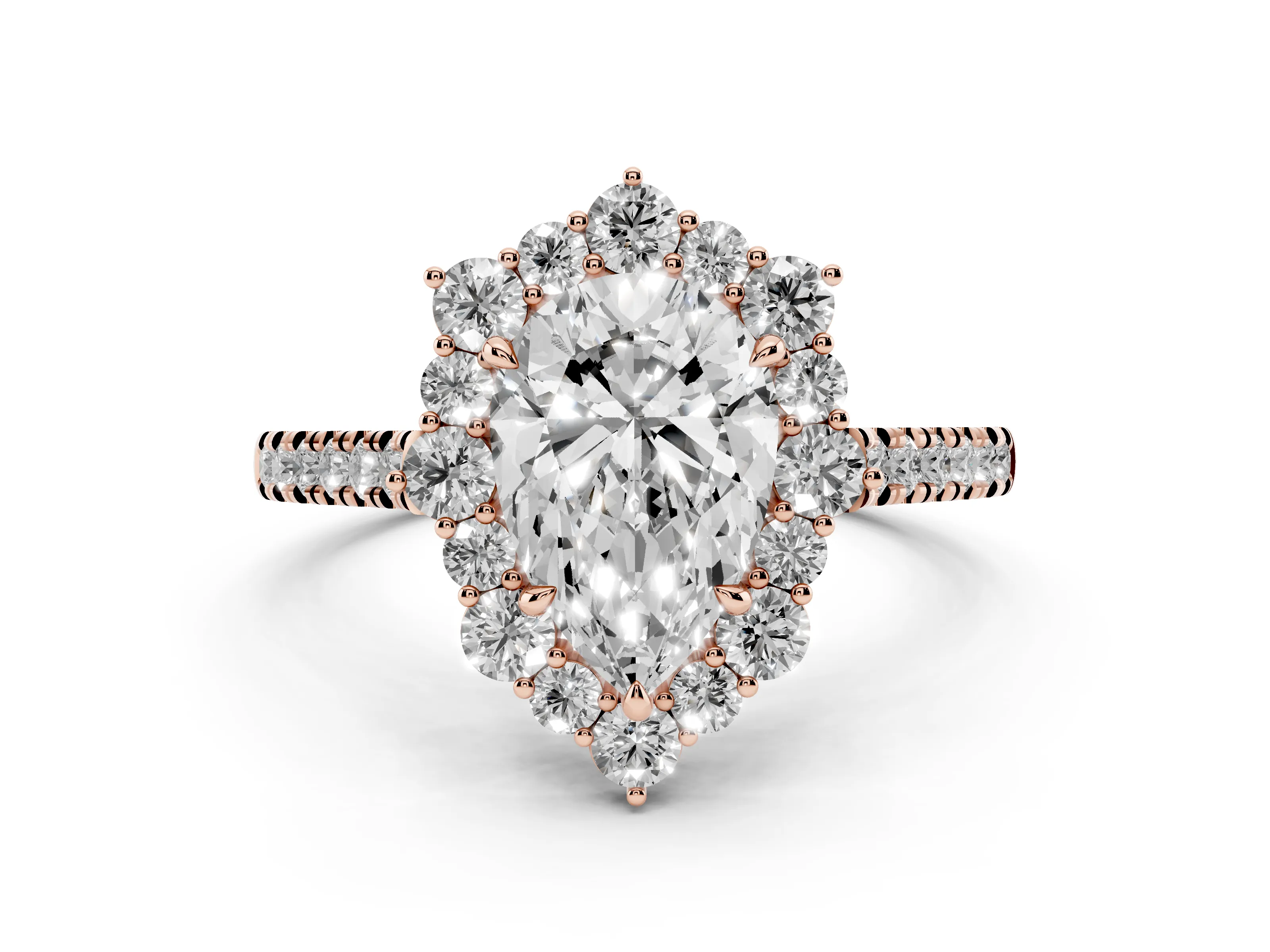 Pear Cut Diamond Halo Ring Set in Rose gold with Pavé Band and Prong Setting