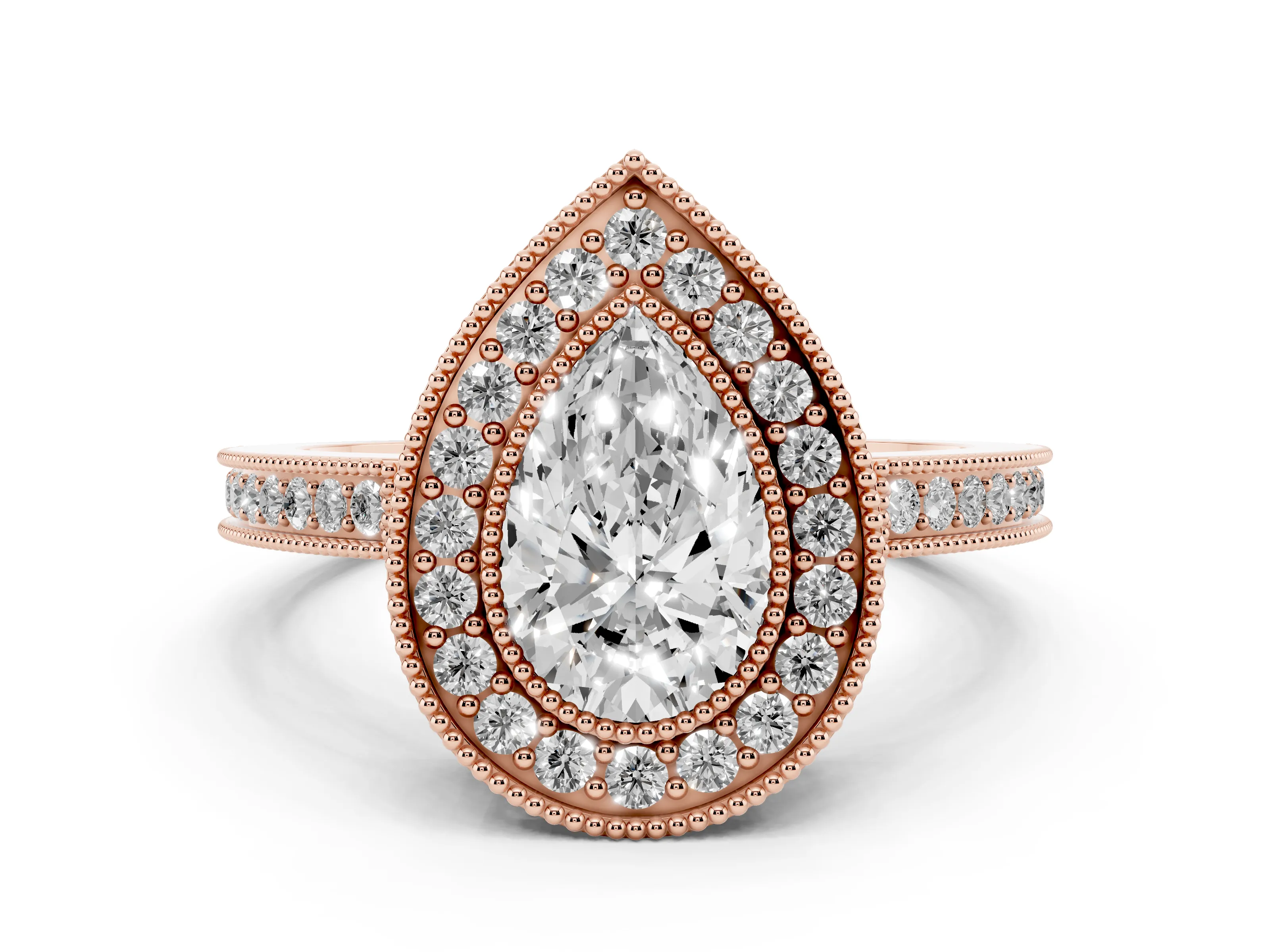 Pear Cut Diamond Halo Ring Set in Rose gold with Pavé Band and Milgrain-Edged Prongs