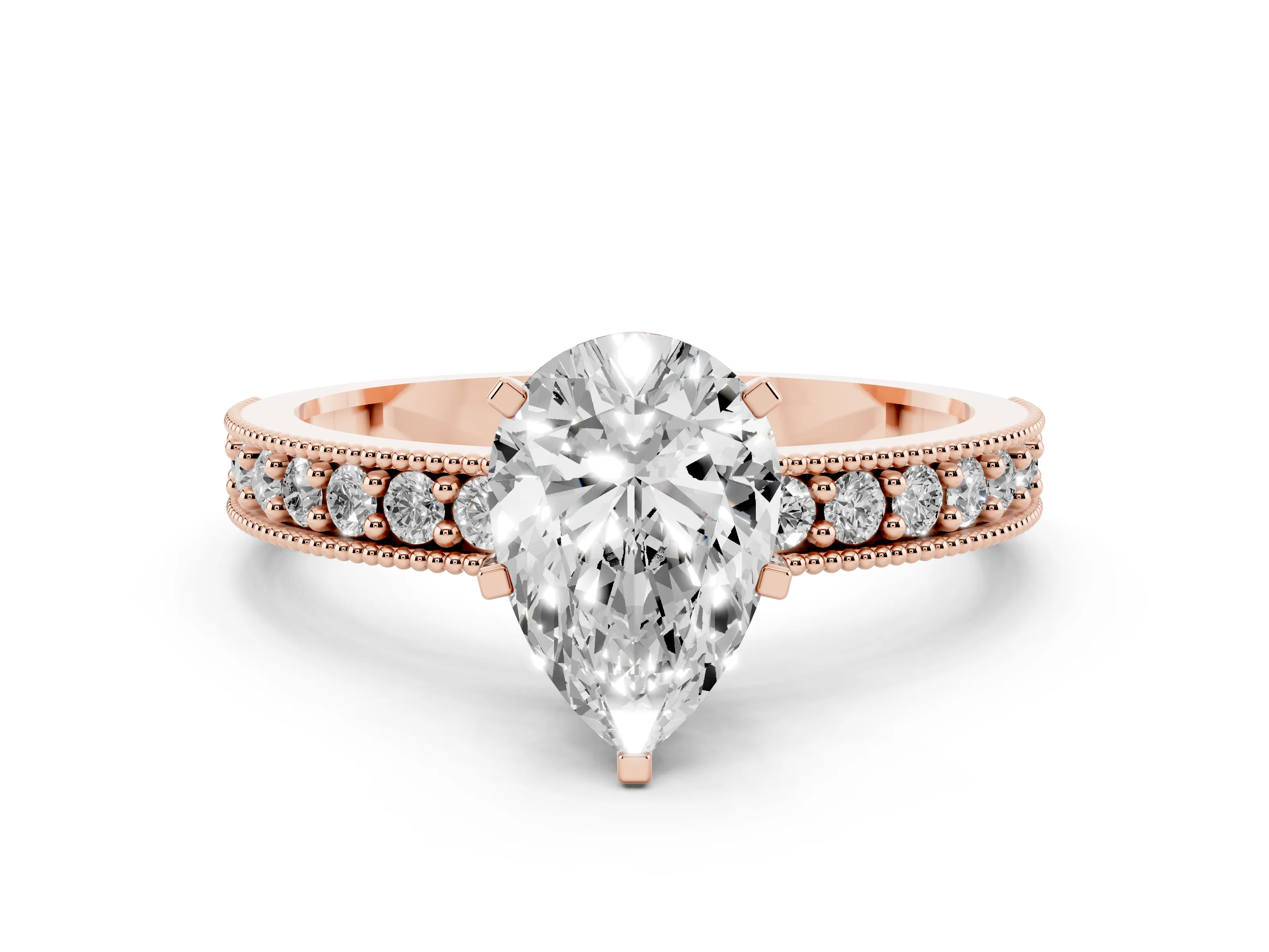 Pear Cut Diamond Milgrain Pavé Engagement Ring Set in Rose gold with Prong Setting