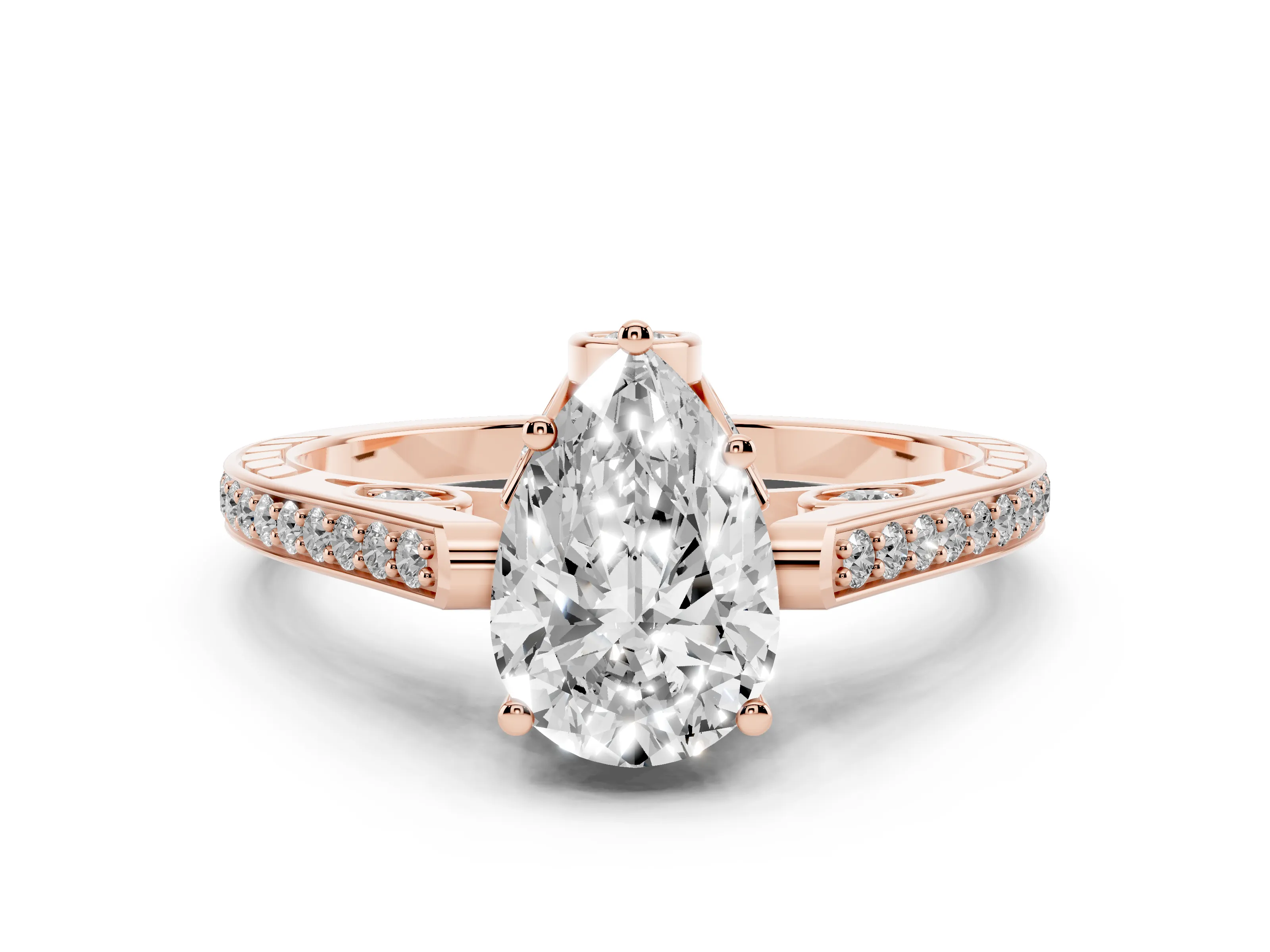 Pear Cut Diamond Cathedral Pavé Engagement Ring Set in Rose gold with Prong Setting